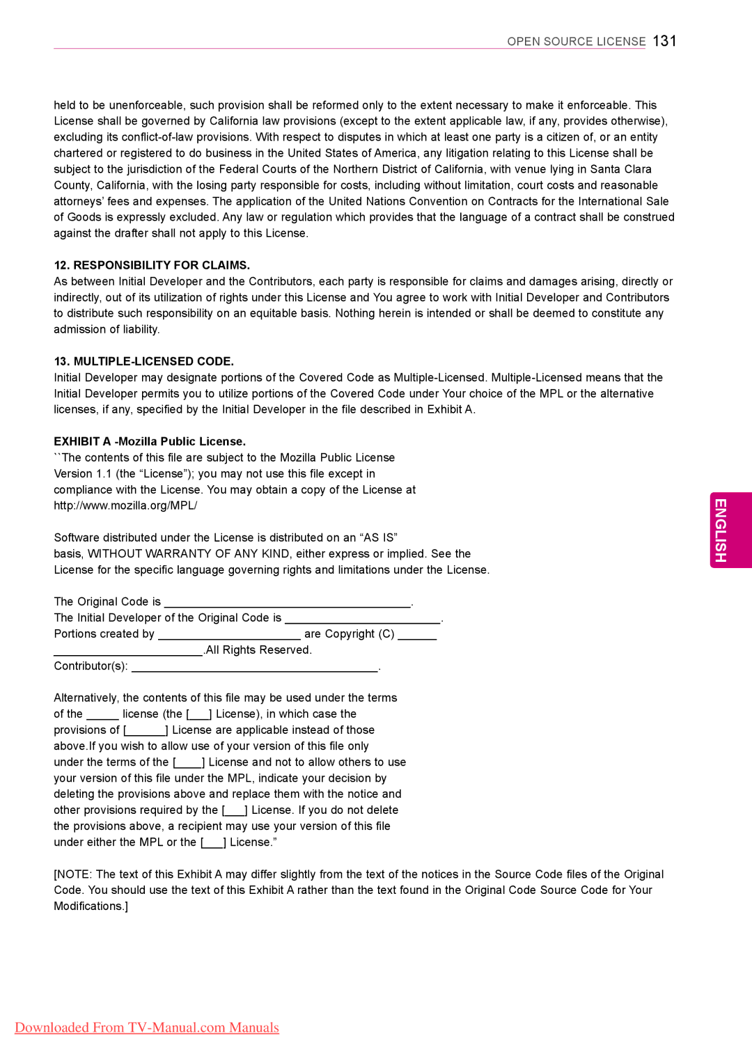 LG Electronics 42/50PW45**, 42PT25** Responsibility for Claims, MULTIPLE-LICENSED Code, Exhibit a -Mozilla Public License 