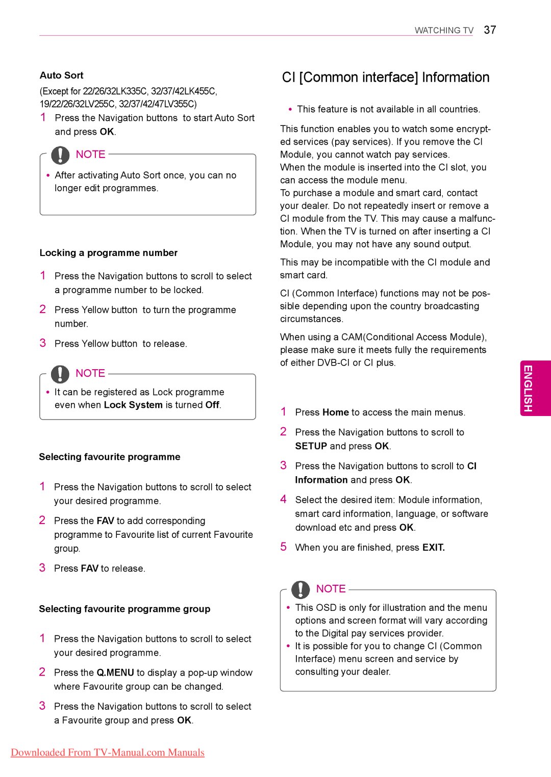 LG Electronics 42/50PT45**, 50/60PZ55**, 42PT25** CI Common interface Information, Auto Sort, Selecting favourite programme 