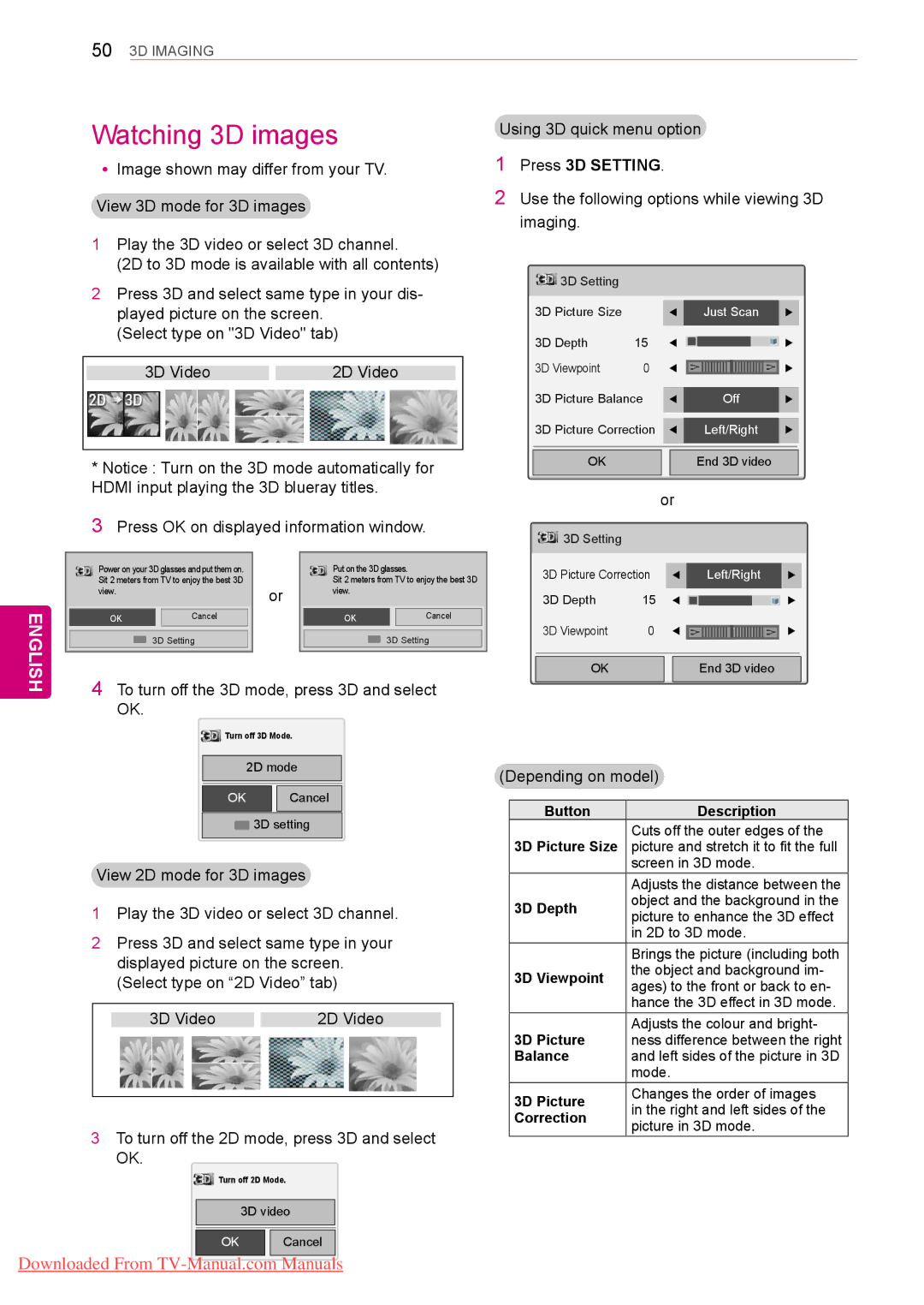 LG Electronics 42PT25**, 50/60PZ55**, 50/60PZ25**, 42/50PW45**, 42/50PT35**, 42/50PT45** Watching 3D images, Press 3D Setting 