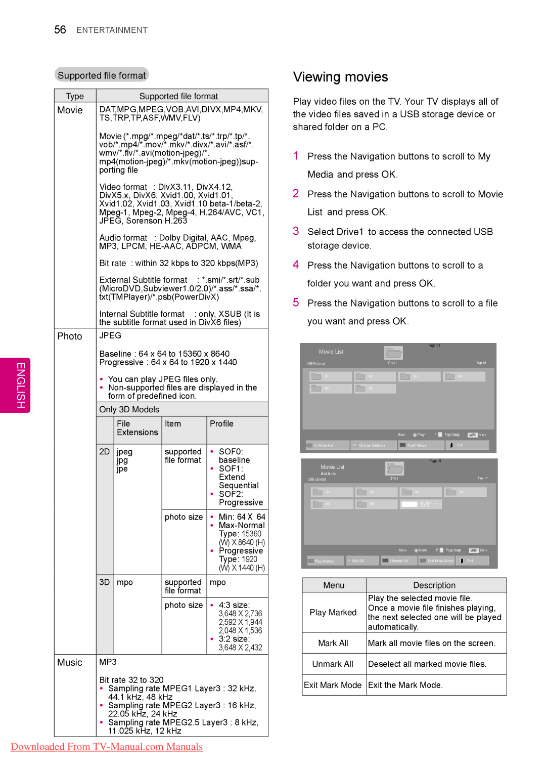 LG Electronics 50/60PZ55**, 50/60PZ25**, 42PT25**, 50PV35** Viewing movies, Supported file format, Movie, Photo, Music MP3 