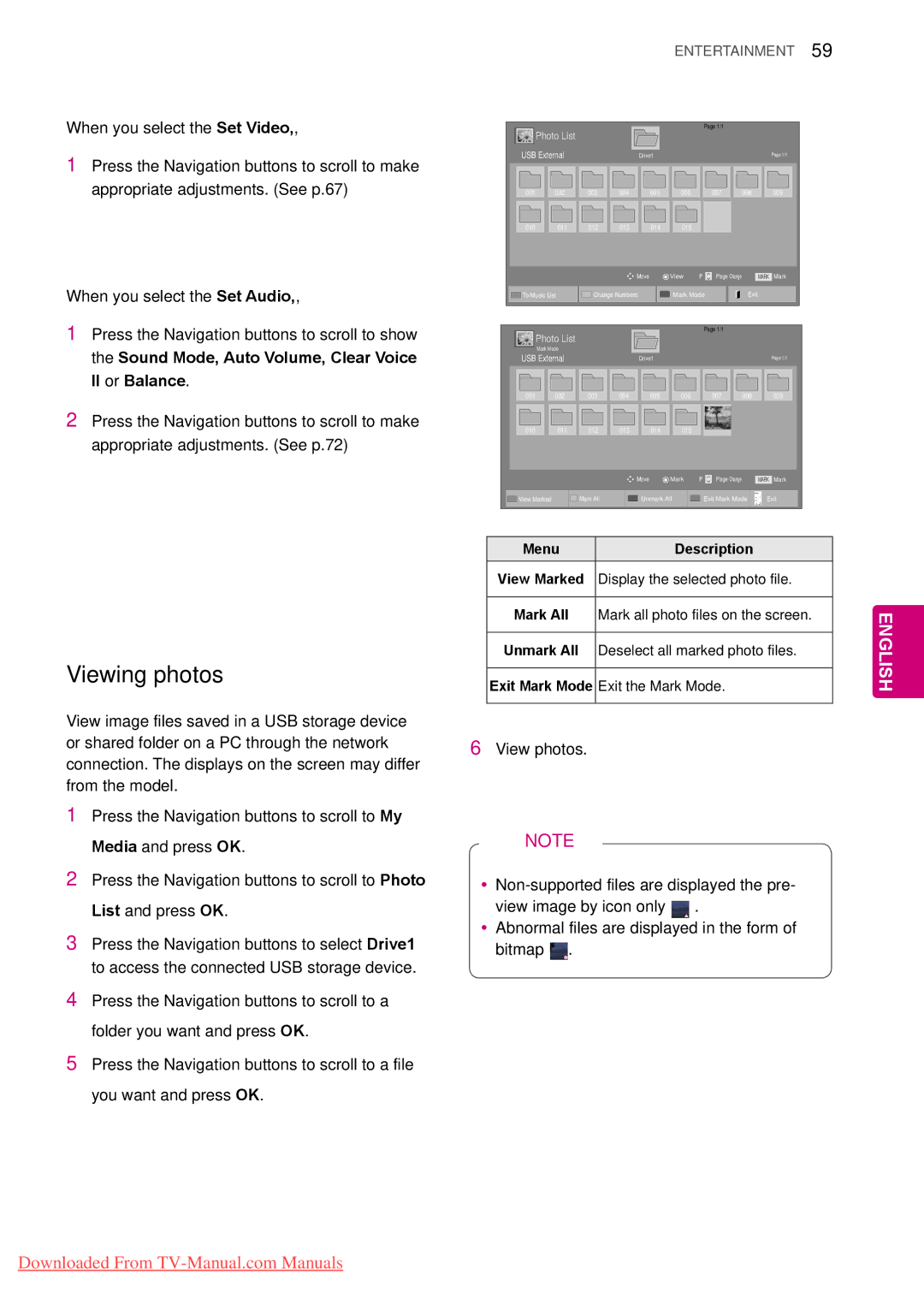 LG Electronics 42/50PW45**, 50/60PZ55**, 50/60PZ25**, 42PT25**, 42/50PT35**, 42/50PT45**, 50PV35** Viewing photos, USB External 