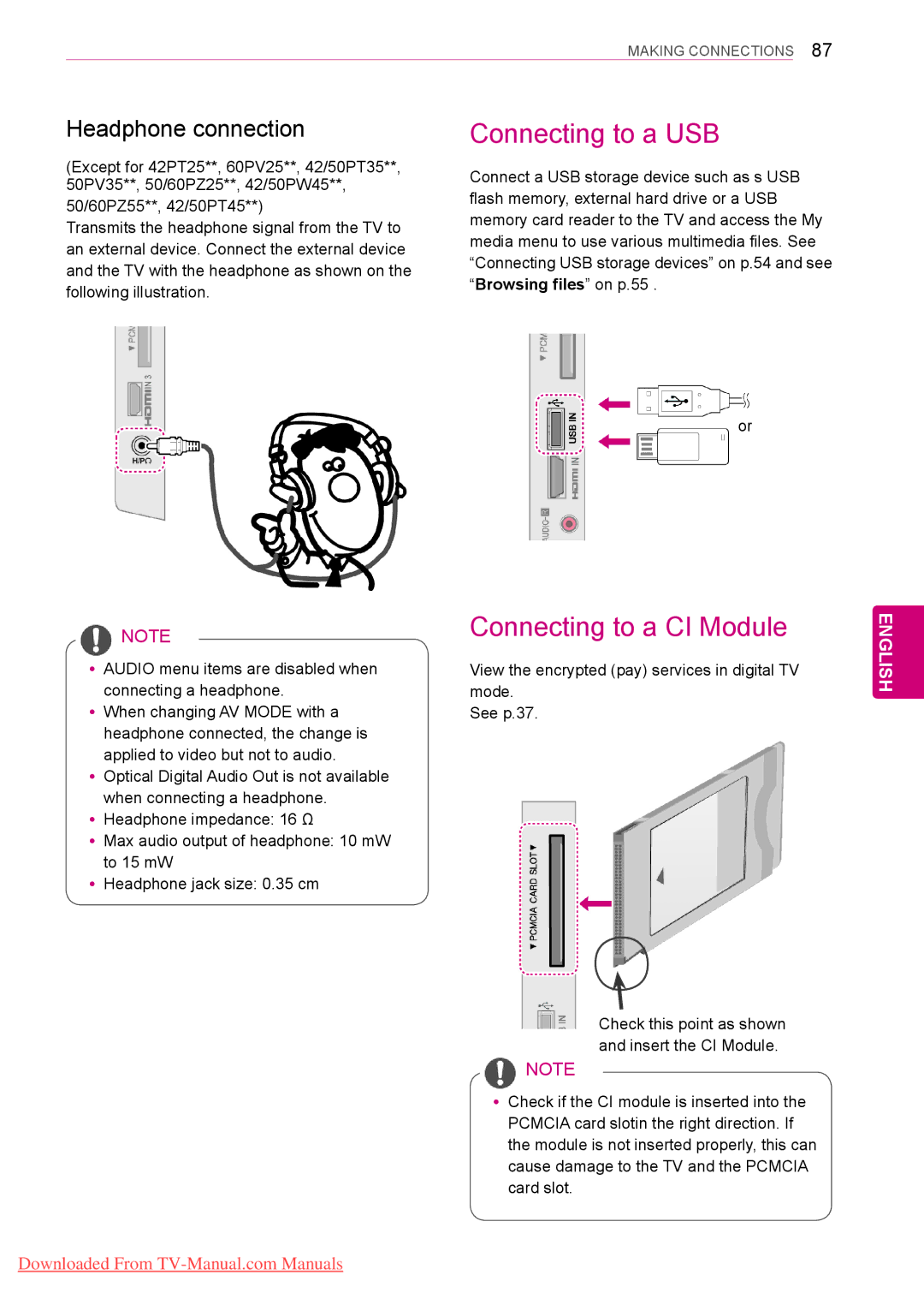 LG Electronics 60PV25**, 50/60PZ55**, 50/60PZ25** Connecting to a USB, Connecting to a CI Module, Headphone connection 