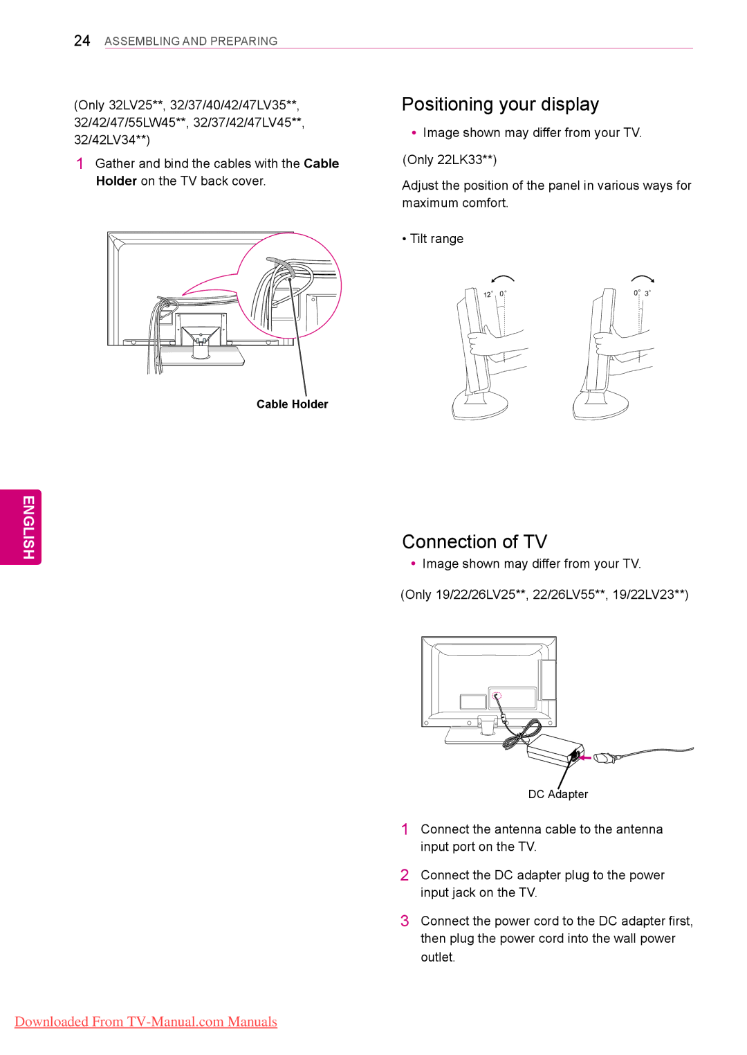 LG Electronics 50/60PZ55**, 50/60PZ25**, 42PT25**, 42/50PW45**, 42/50PT35** Positioning your display, Connection of TV 