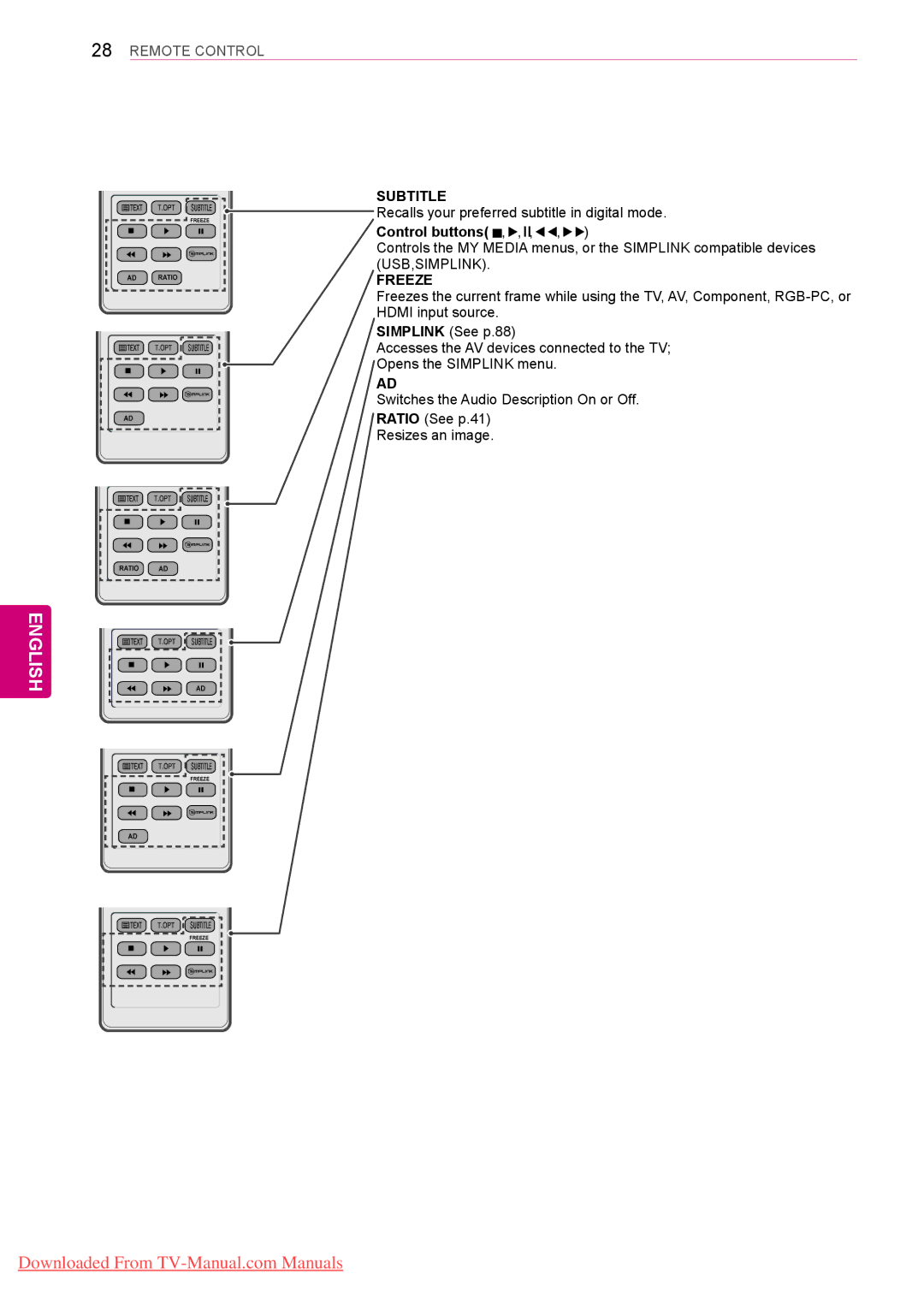 LG Electronics 42/50PT35**, 50/60PZ55**, 50/60PZ25**, 42PT25**, 42/50PW45**, 42/50PT45** Subtitle, Control buttons, Freeze 