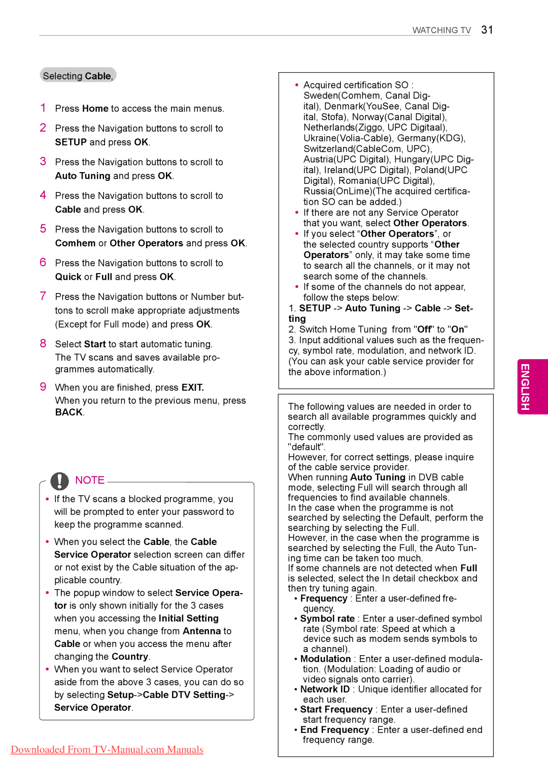 LG Electronics 60PV25** Auto Tuning and press OK, Comhem or Other Operators and press OK, Setup Auto Tuning Cable Set 