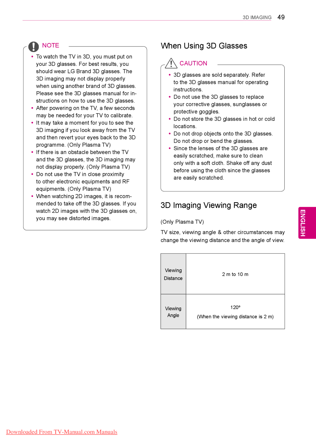 LG Electronics 50/60PZ25** When Using 3D Glasses, 3D Imaging Viewing Range, YyIt may take a moment for you to see 