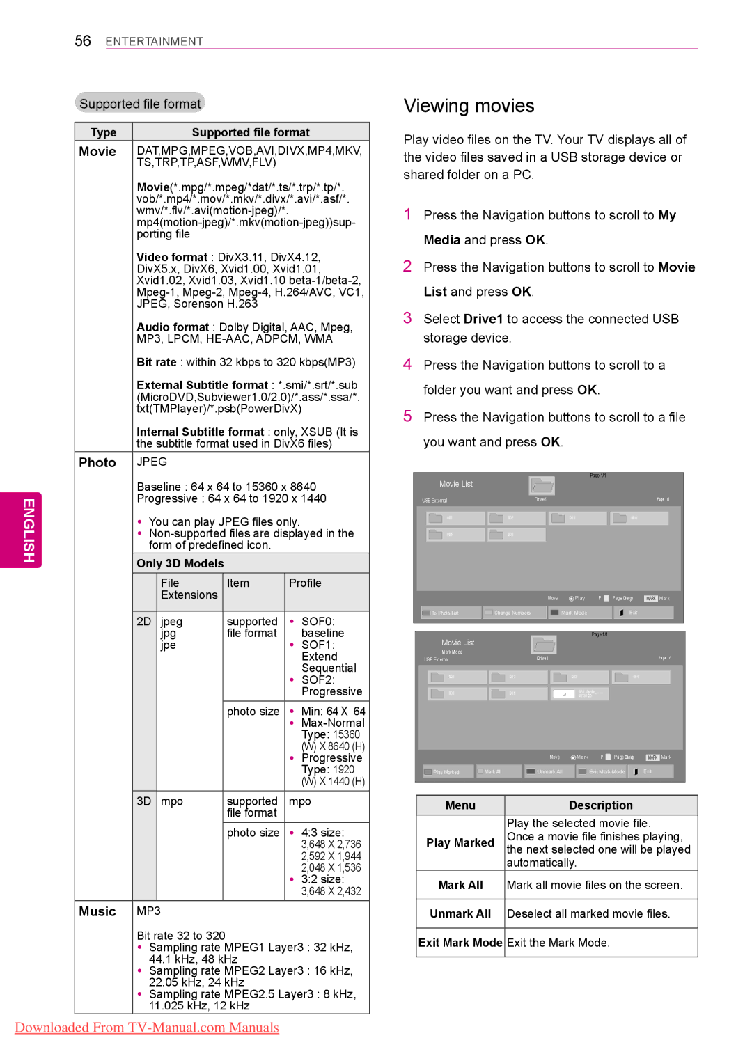 LG Electronics 50/60PZ55**, 50/60PZ25**, 42PT25**, 50PV35** Viewing movies, Supported file format, Movie, Photo, Music MP3 