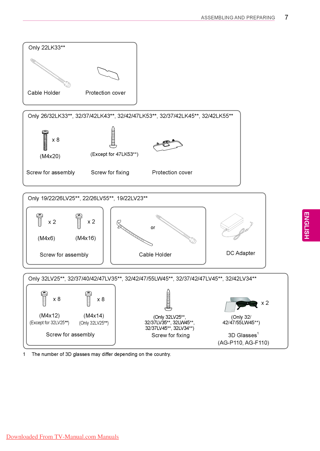 LG Electronics 60PV25**, 50/60PZ55**, 50/60PZ25** Only 22LK33 Cable Holder, 3D Glasses, Screw for fixing, AG-P110, AG-F110 