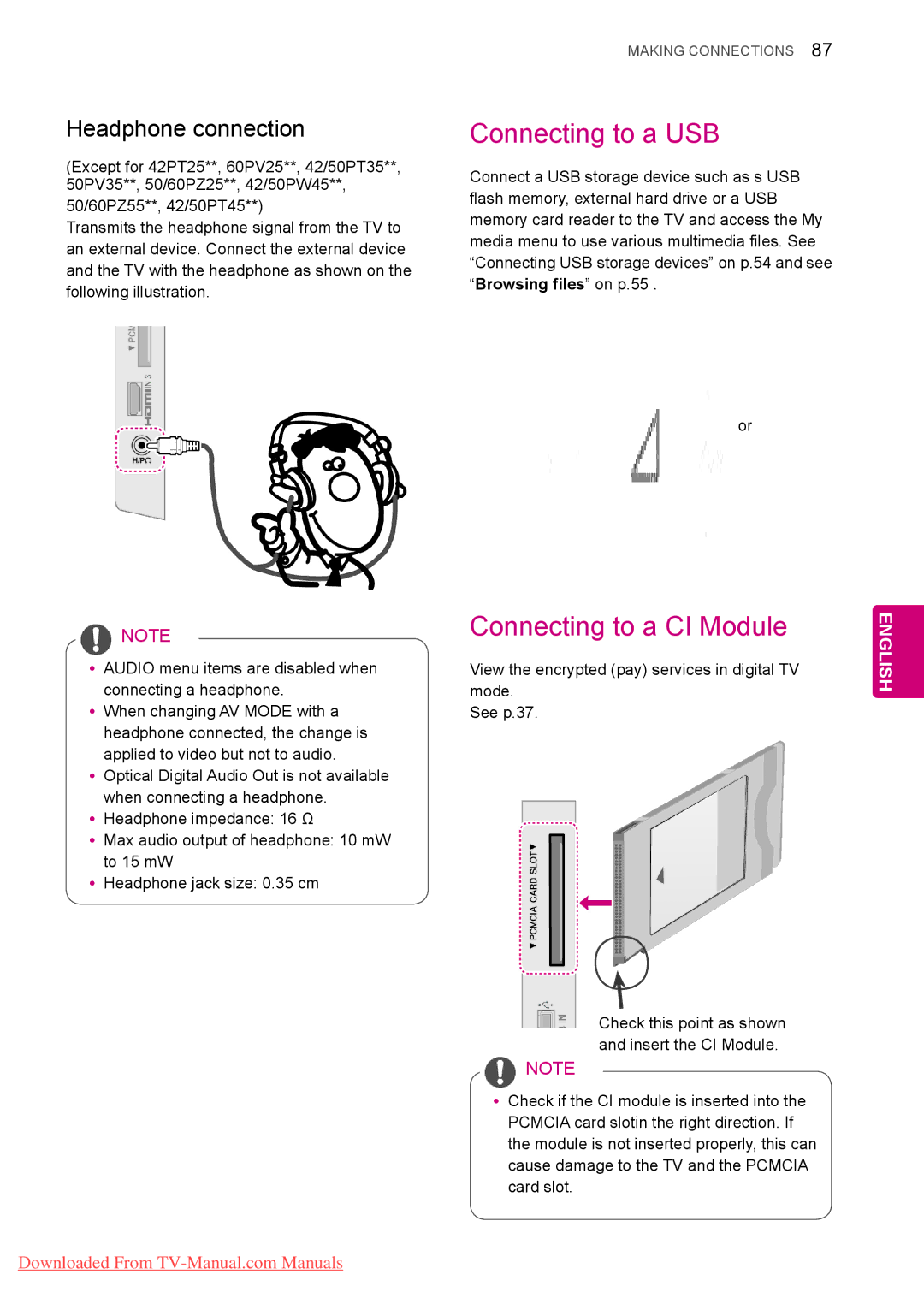 LG Electronics 60PV25**, 50/60PZ55**, 50/60PZ25** Connecting to a USB, Connecting to a CI Module, Headphone connection 