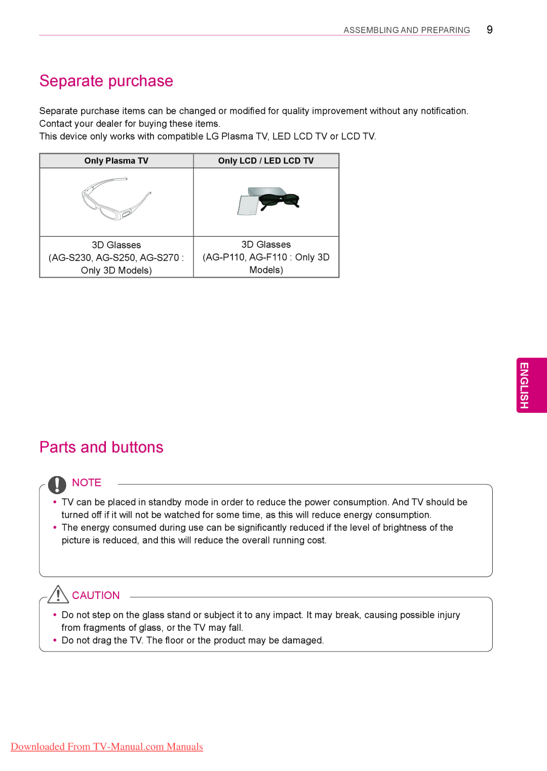 LG Electronics 50/60PZ25**, 50/60PZ55** Separate purchase, Parts and buttons, Only Plasma TV Only LCD / LED LCD TV 