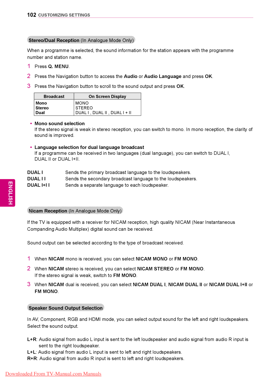 LG Electronics 50/60PZ57, 50/60PZ75, 50/60PZ95 YyMono sound selection, YyLanguage selection for dual language broadcast 