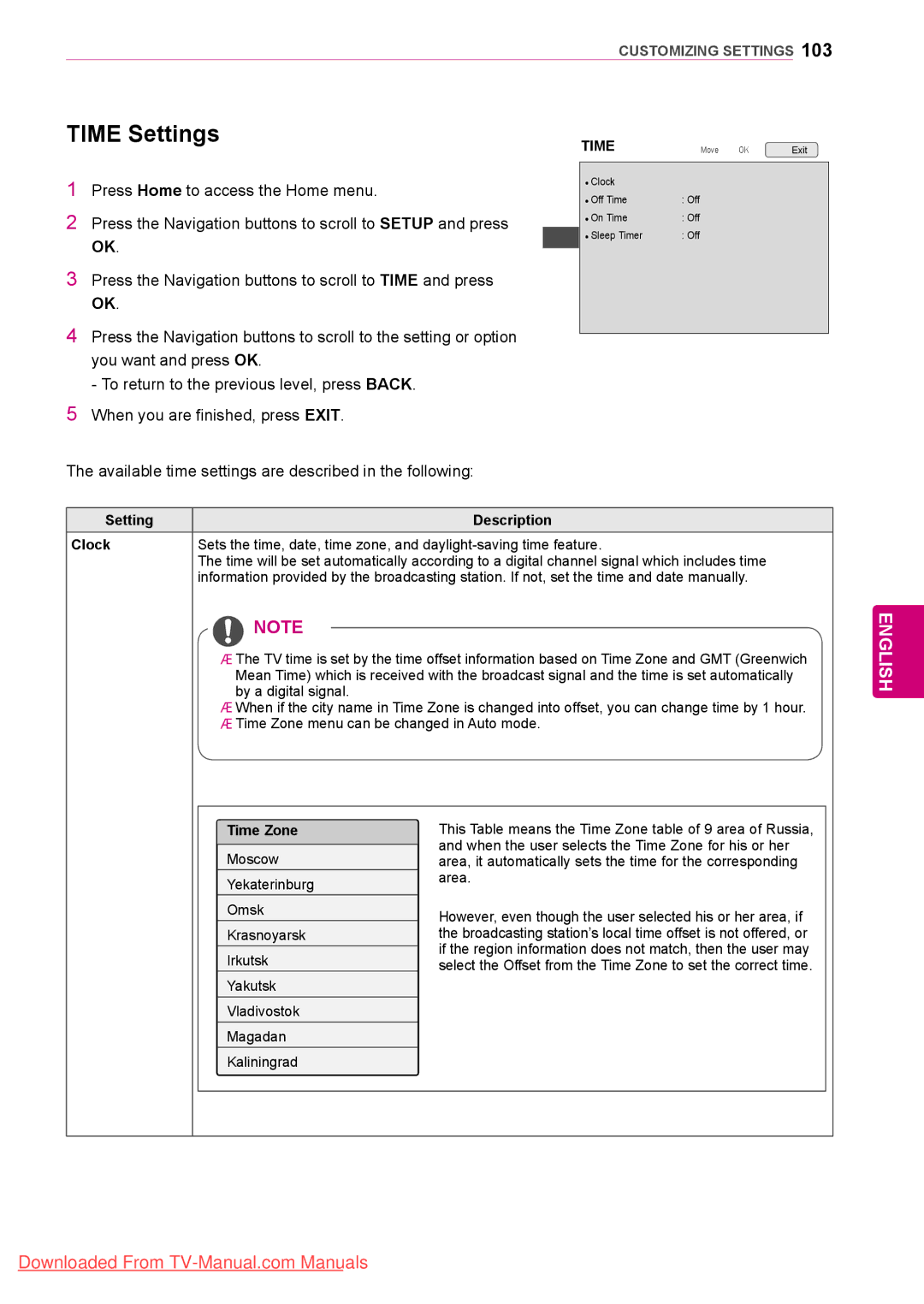 LG Electronics 50/60PZ75 Time Settings, Available time settings are described in the following, Setting Description Clock 