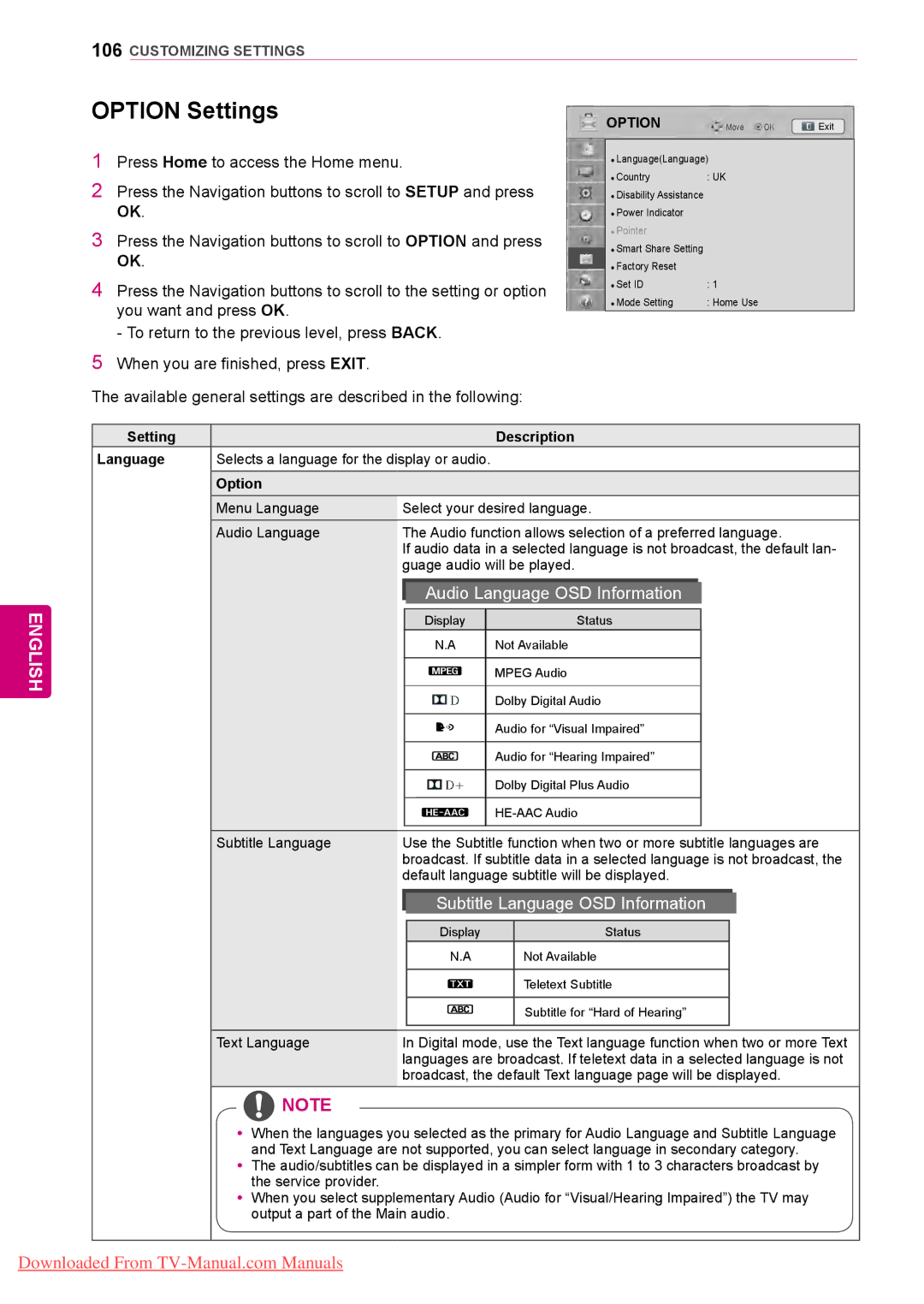 LG Electronics 50/60PZ75 Option Settings, Press the Navigation buttons to scroll to Option and press, Text Language 