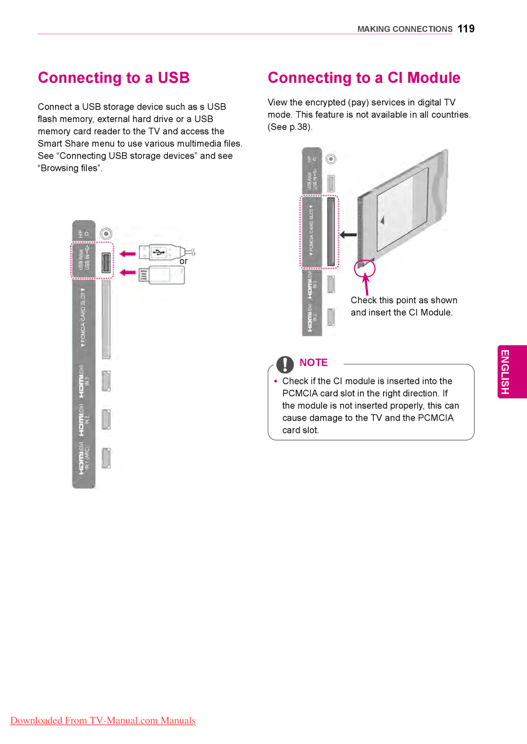 LG Electronics 50/60PZ95, 50/60PZ57, 50/60PZ75 owner manual Connecting to a USB, Connecting to a CI Module 