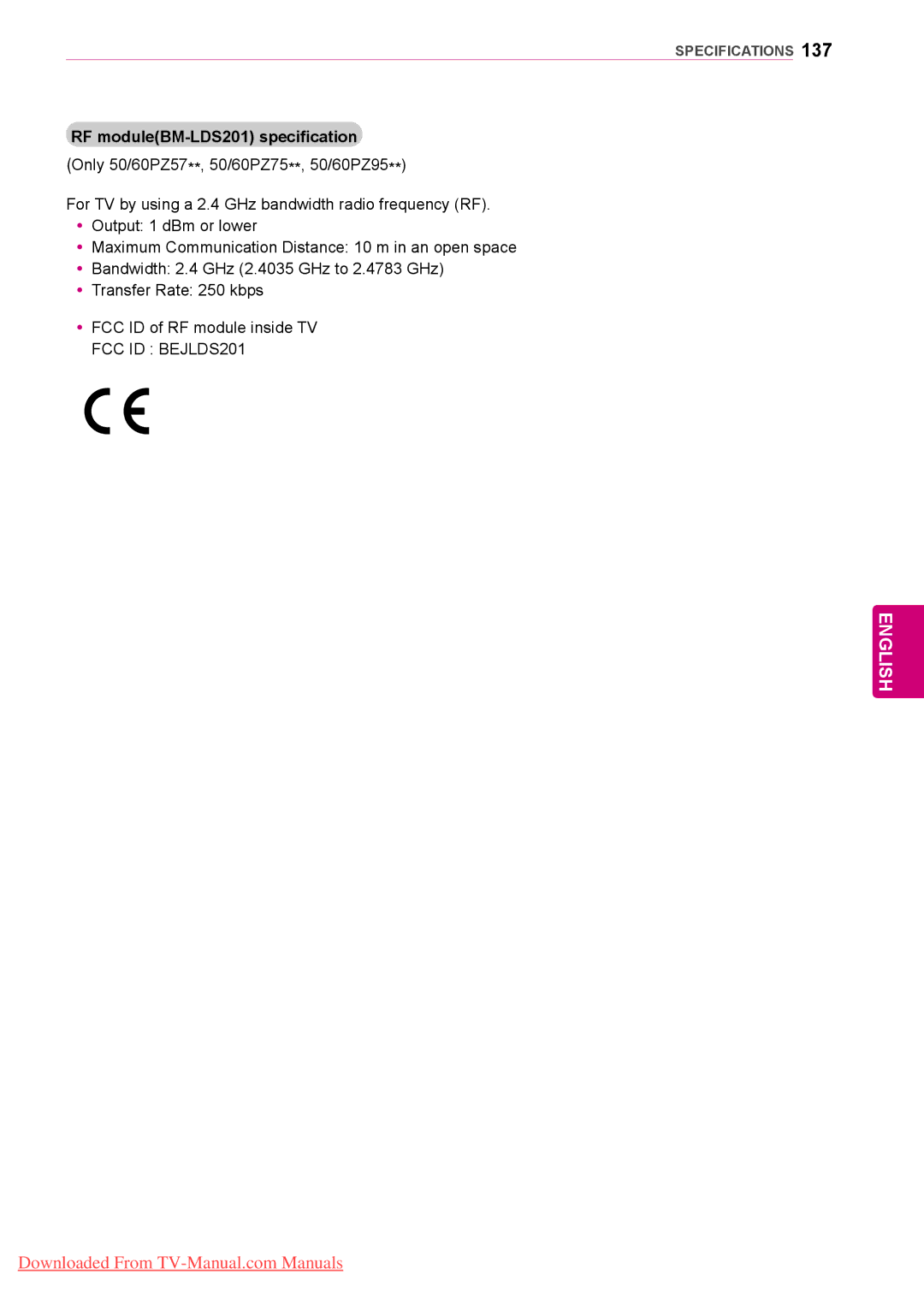 LG Electronics 50/60PZ95, 50/60PZ57, 50/60PZ75 owner manual RF moduleBM-LDS201 specification 