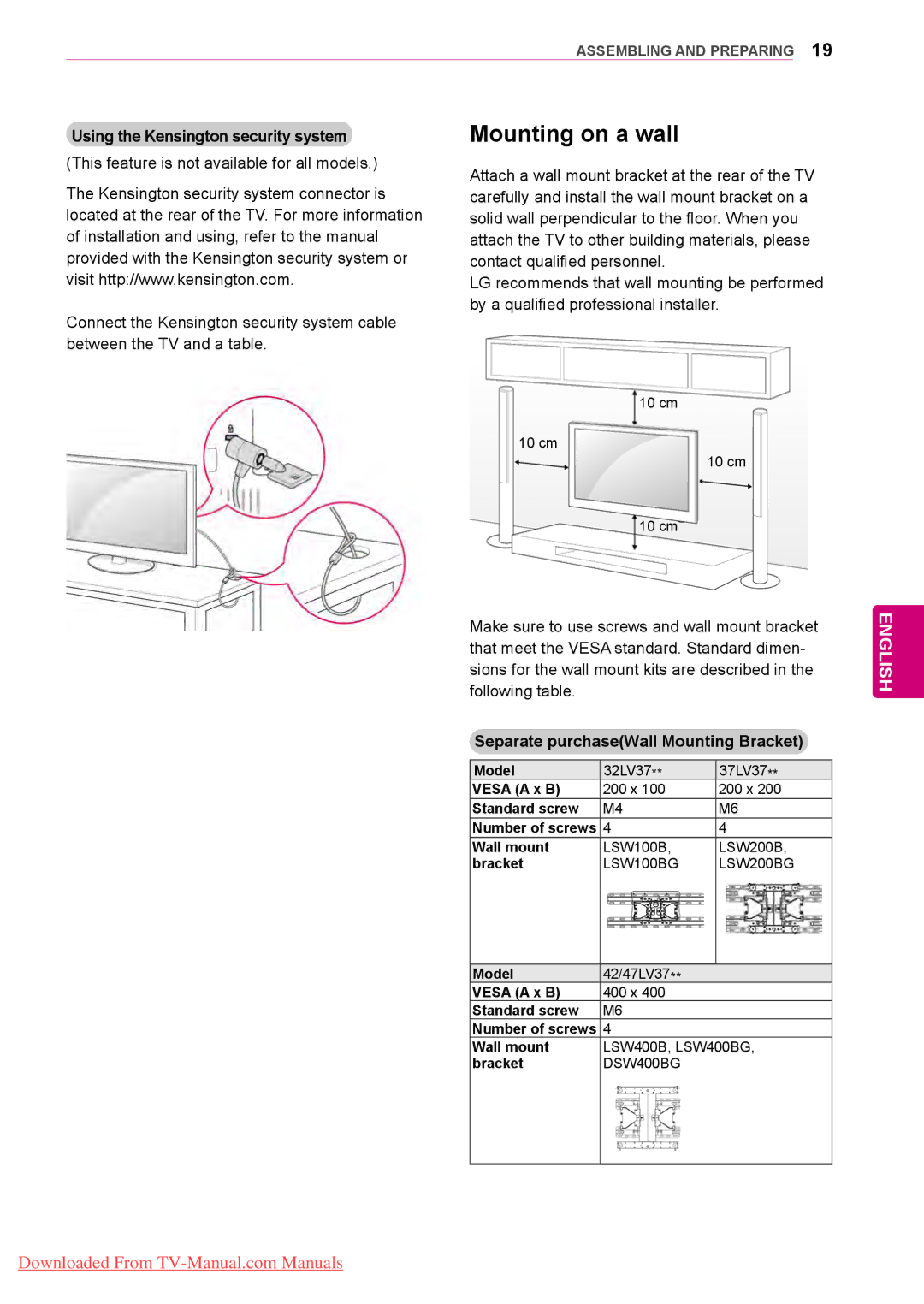 LG Electronics 50/60PZ75, 50/60PZ57, 50/60PZ95 owner manual Mounting on a wall, Separate purchaseWall Mounting Bracket 