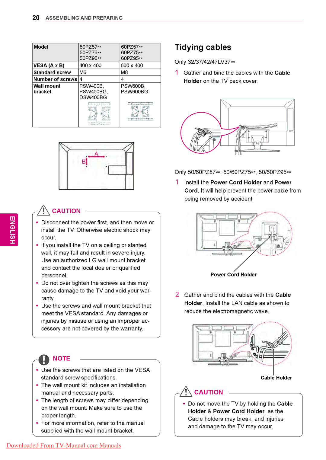 LG Electronics 50/60PZ95, 50/60PZ57, 50/60PZ75 owner manual Tidying cables, Standard screw, Power Cord Holder, Cable Holder 