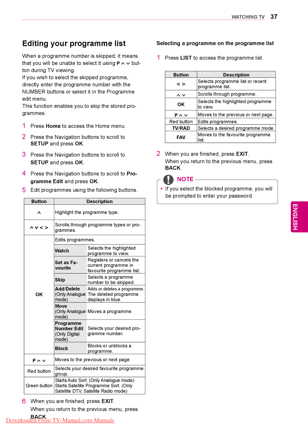 LG Electronics 50/60PZ75, 50/60PZ57, 50/60PZ95 Editing your programme list, Selecting a programme on the programme list 