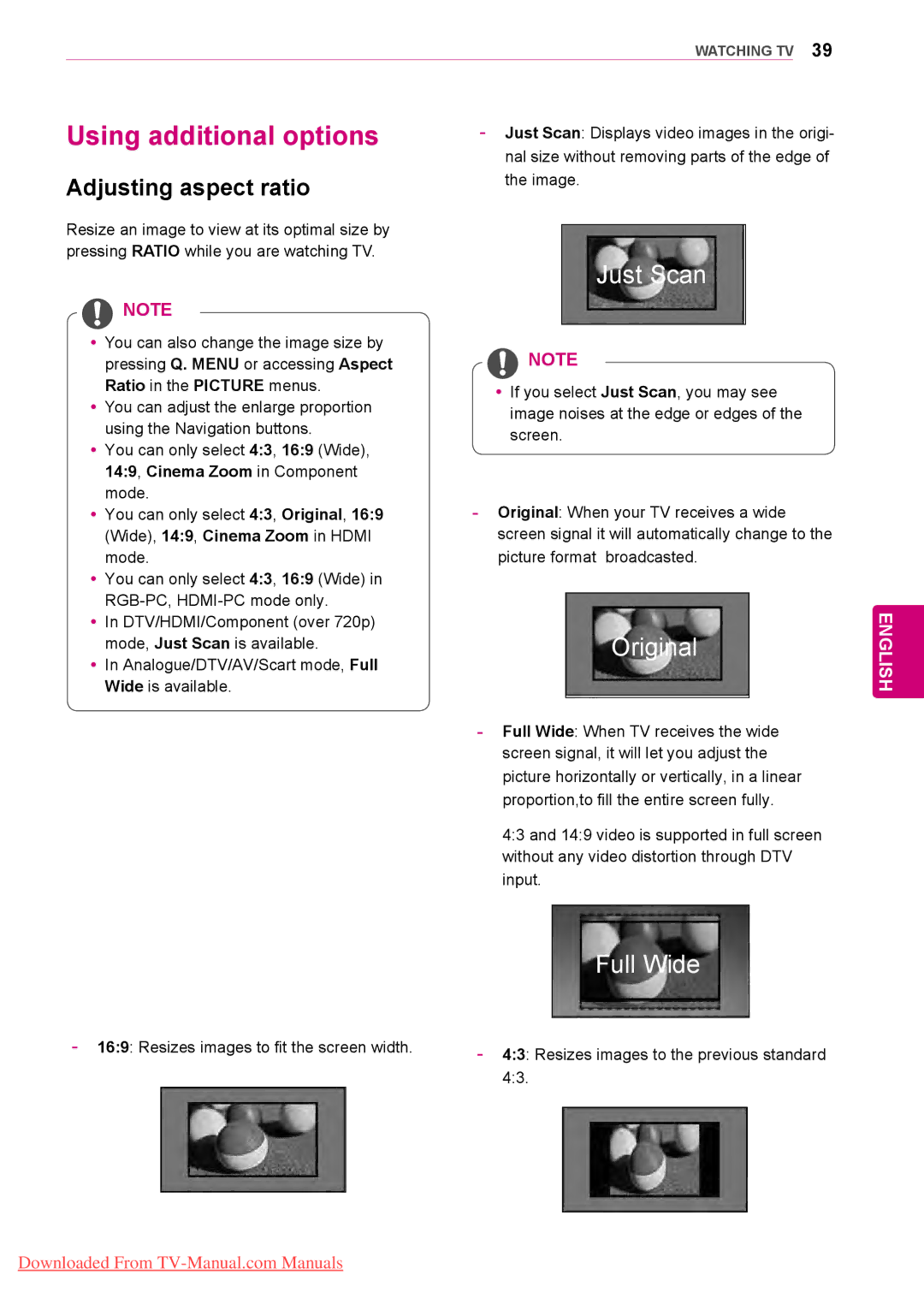 LG Electronics 50/60PZ57 Using additional options, Adjusting aspect ratio, Just Scan Displays video images in the origi 