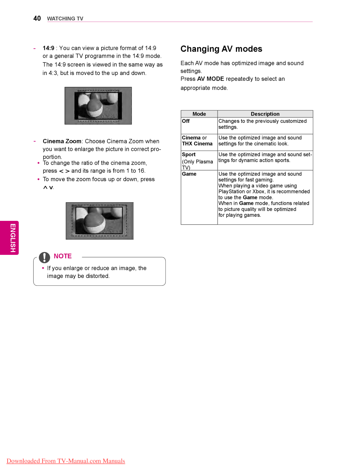 LG Electronics 50/60PZ75 Changing AV modes, You can view a picture format, Or a general TV programme in the 149 mode 