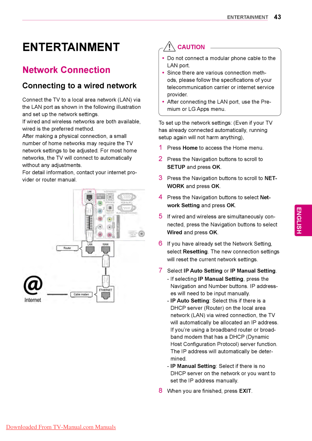 LG Electronics 50/60PZ75 Network Connection, Connecting to a wired network, Select IP Auto Setting or IP Manual Setting 