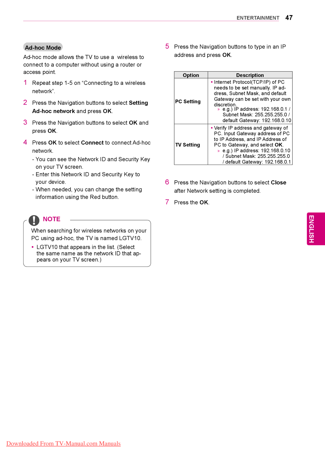 LG Electronics 50/60PZ95, 50/60PZ57, 50/60PZ75 owner manual Ad-hoc Mode, PC Setting, TV Setting 