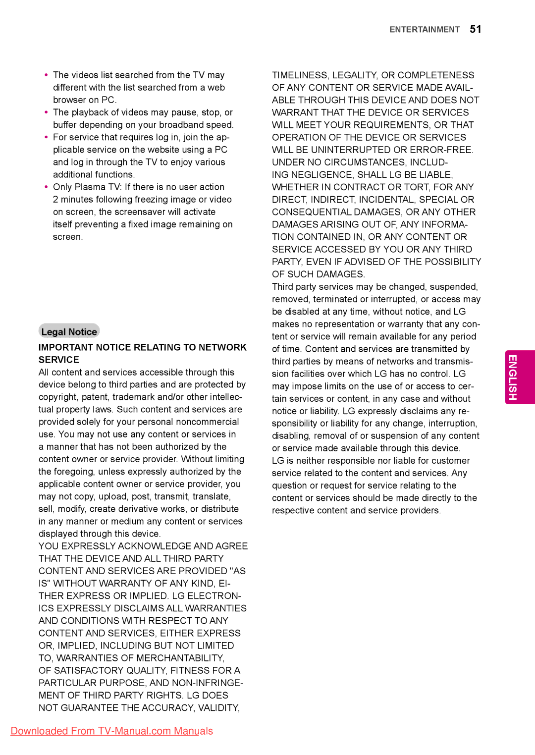 LG Electronics 50/60PZ57, 50/60PZ75, 50/60PZ95 owner manual Legal Notice, Important Notice Relating to Network Service 