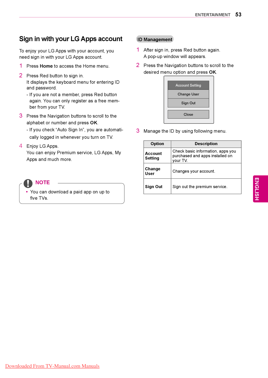 LG Electronics 50/60PZ95 Sign in with your LG Apps account, ID Management, Manage the ID by using following menu 