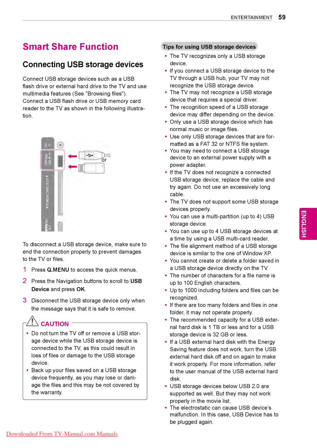 LG Electronics 50/60PZ95, 50/60PZ57, 50/60PZ75 owner manual Smart Share Function, Connecting USB storage devices 