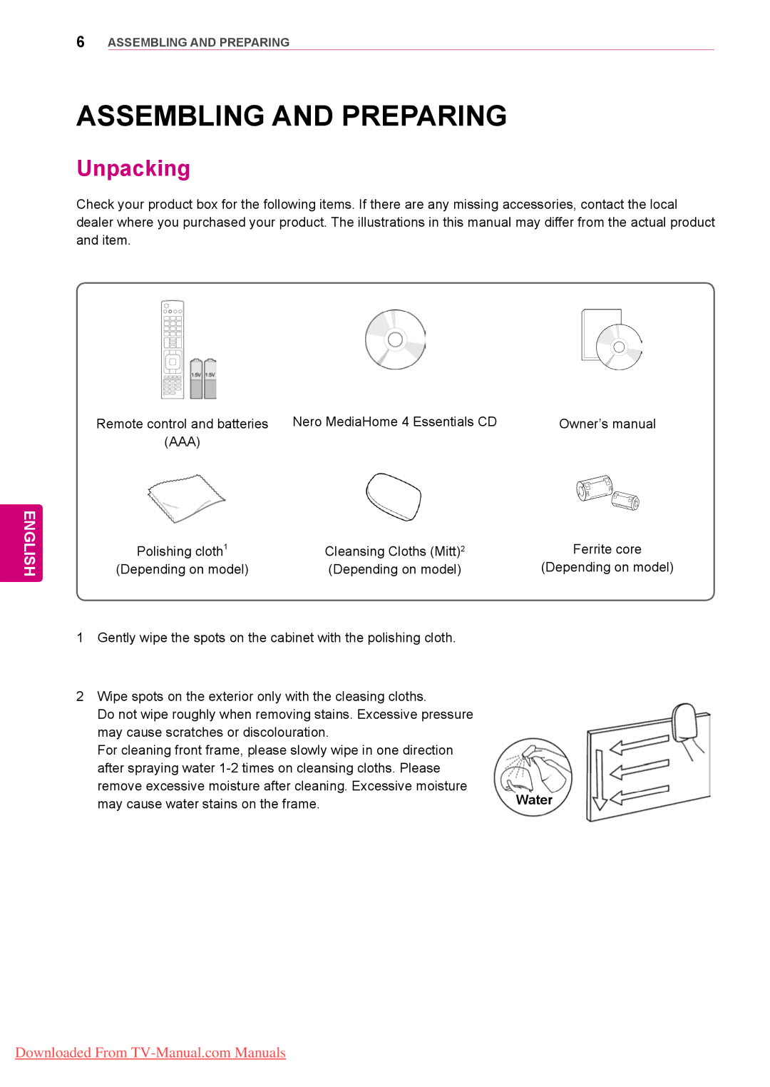 LG Electronics 50/60PZ57 Assembling and Preparing, Unpacking, Remote control and batteries Nero MediaHome 4 Essentials CD 