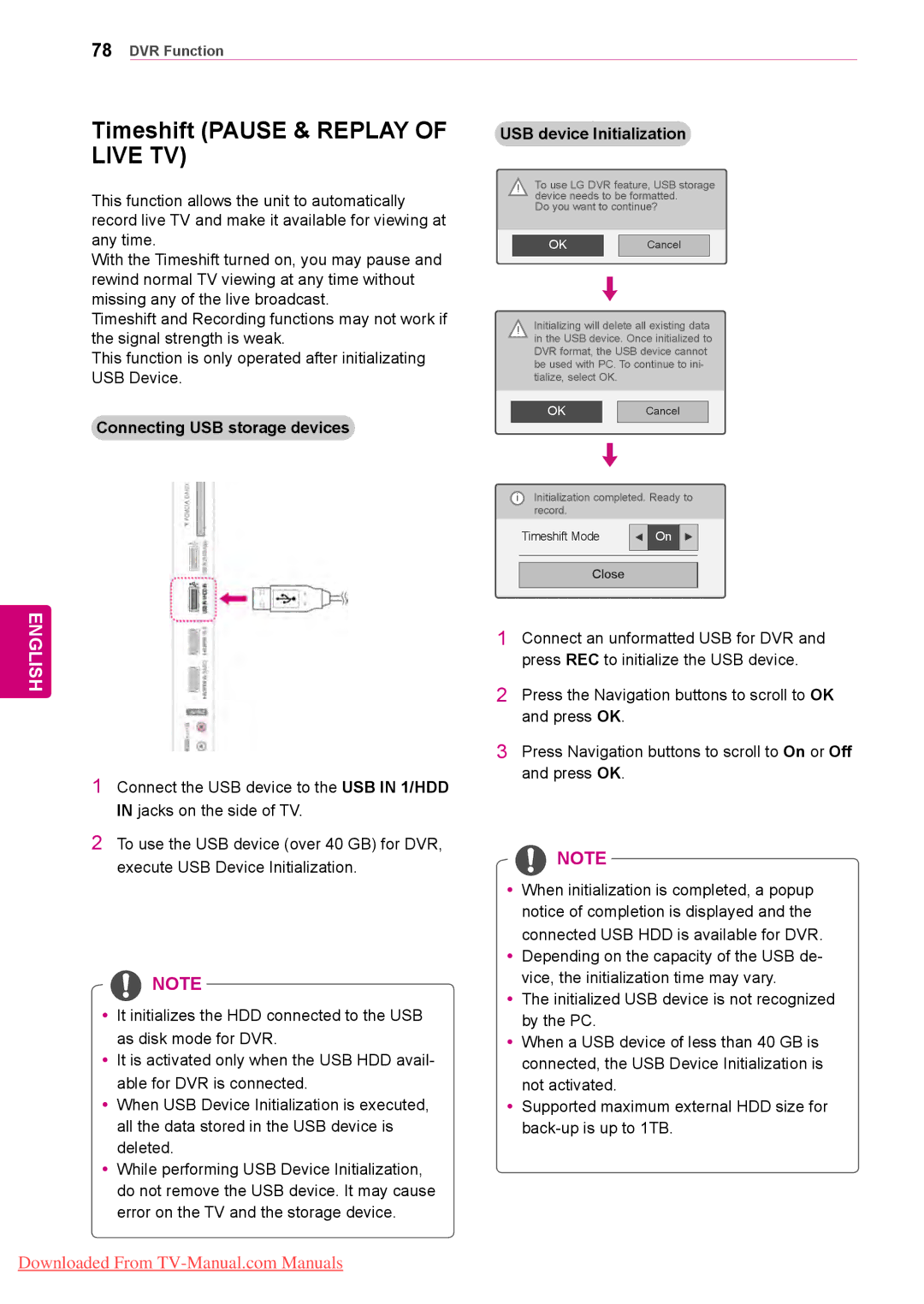 LG Electronics 50/60PZ57 Timeshift Pause & Replay of Live TV, Connecting USB storage devices, USB device Initialization 