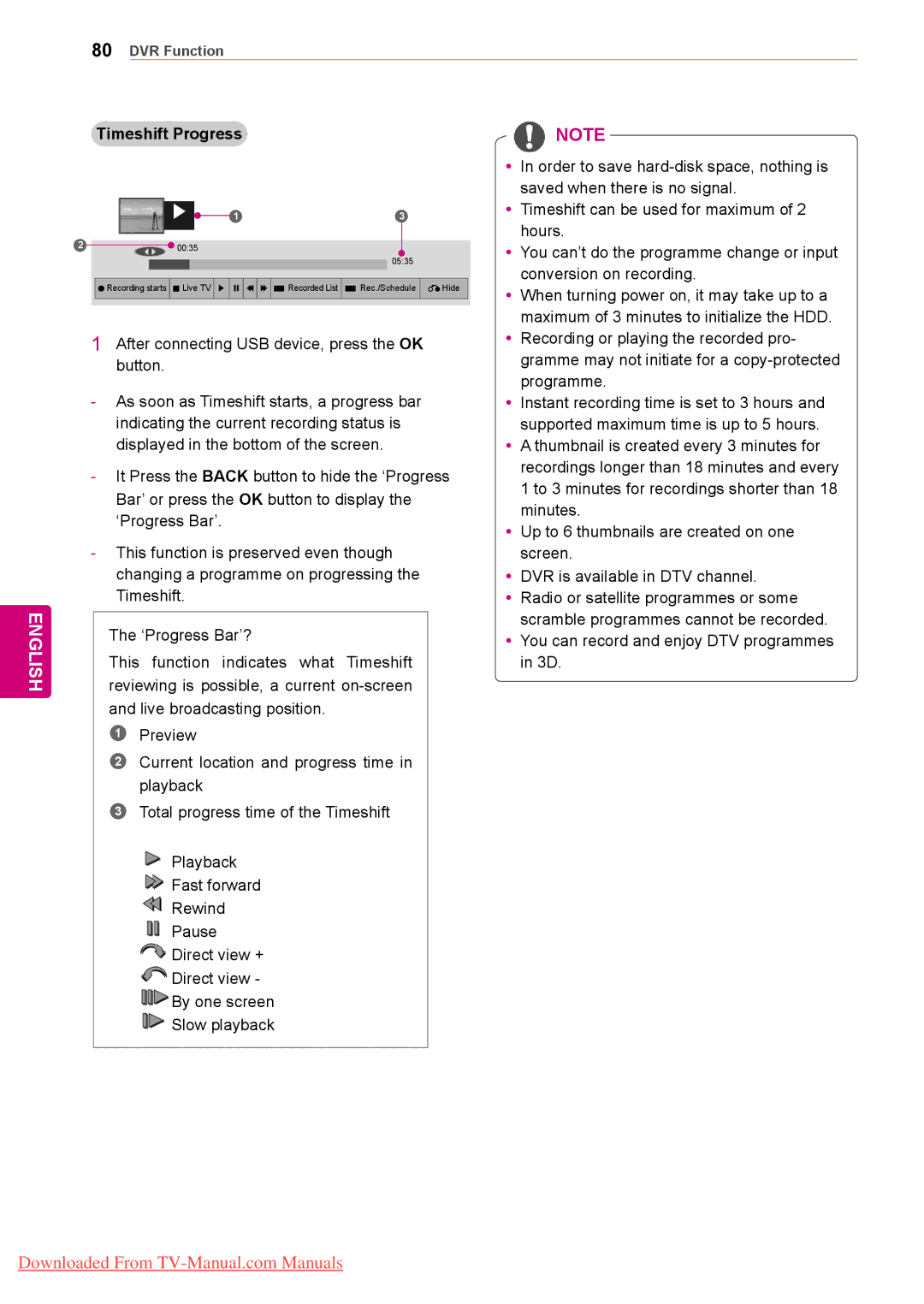 LG Electronics 50/60PZ95, 50/60PZ57, 50/60PZ75 Timeshift Progress, YyYou can record and enjoy DTV programmes in 3D 