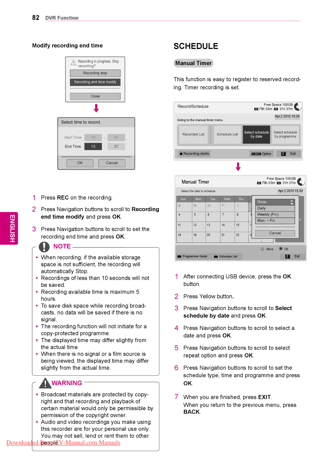 LG Electronics 50/60PZ75 Modify recording end time, Press REC on the recording, End time modify and press OK, Manual Timer 