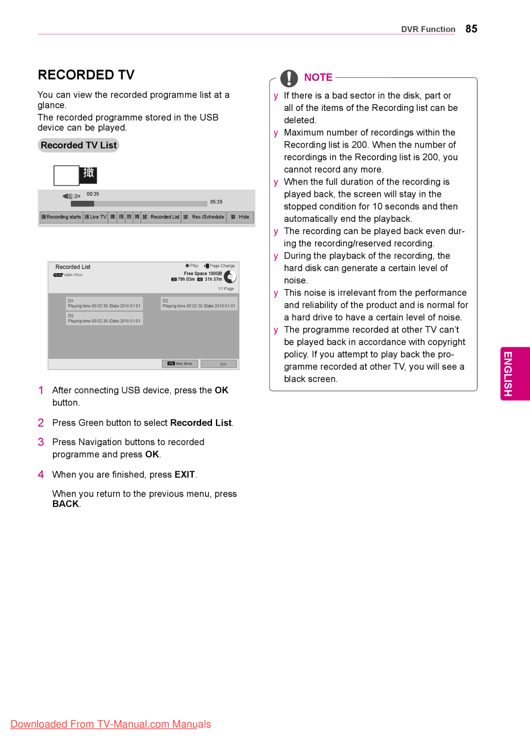 LG Electronics 50/60PZ75, 50/60PZ57, 50/60PZ95 owner manual Recorded TV List 