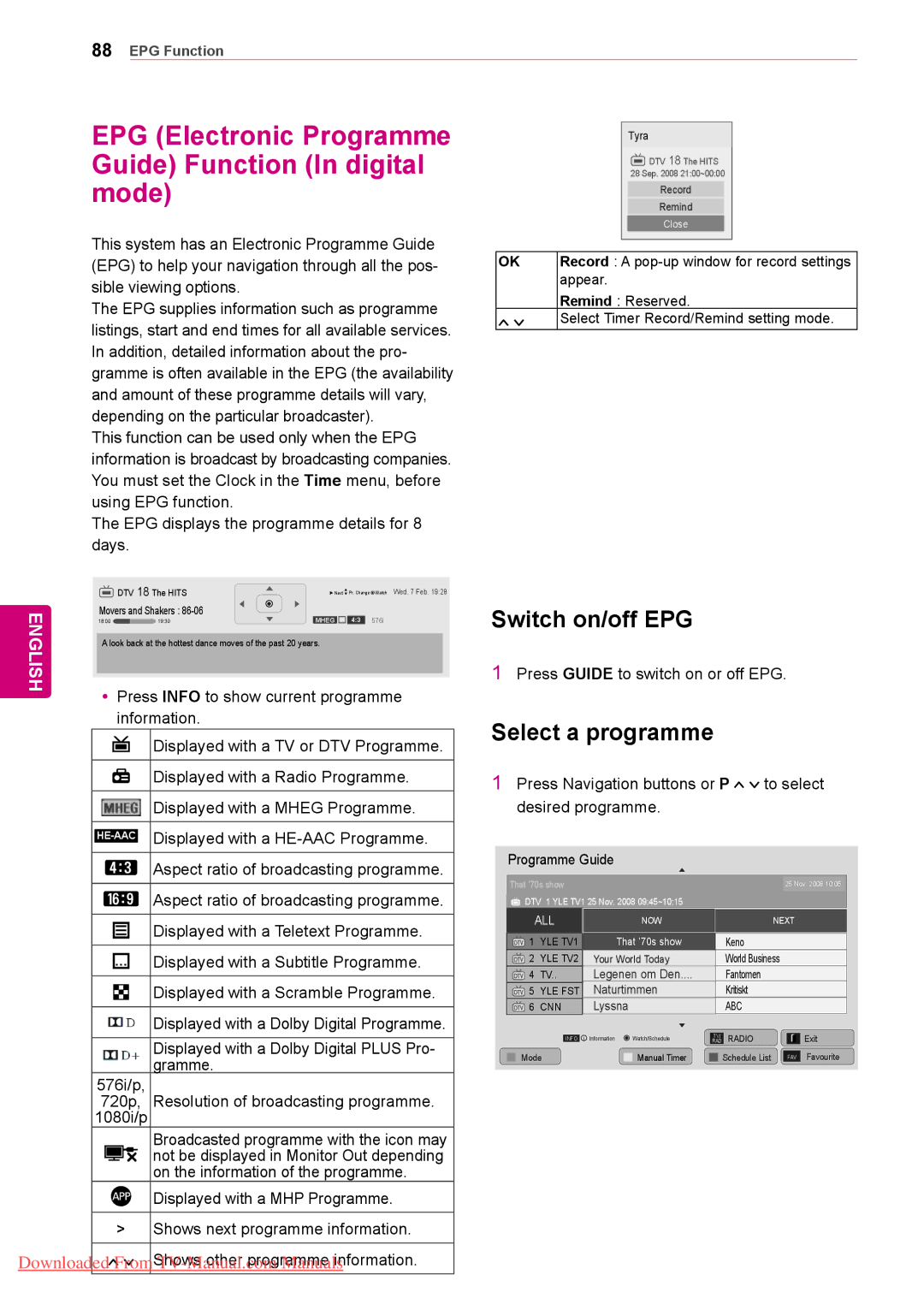 LG Electronics 50/60PZ75 EPG Electronic Programme Guide Function In digital mode, Switch on/off EPG, Select a programme 