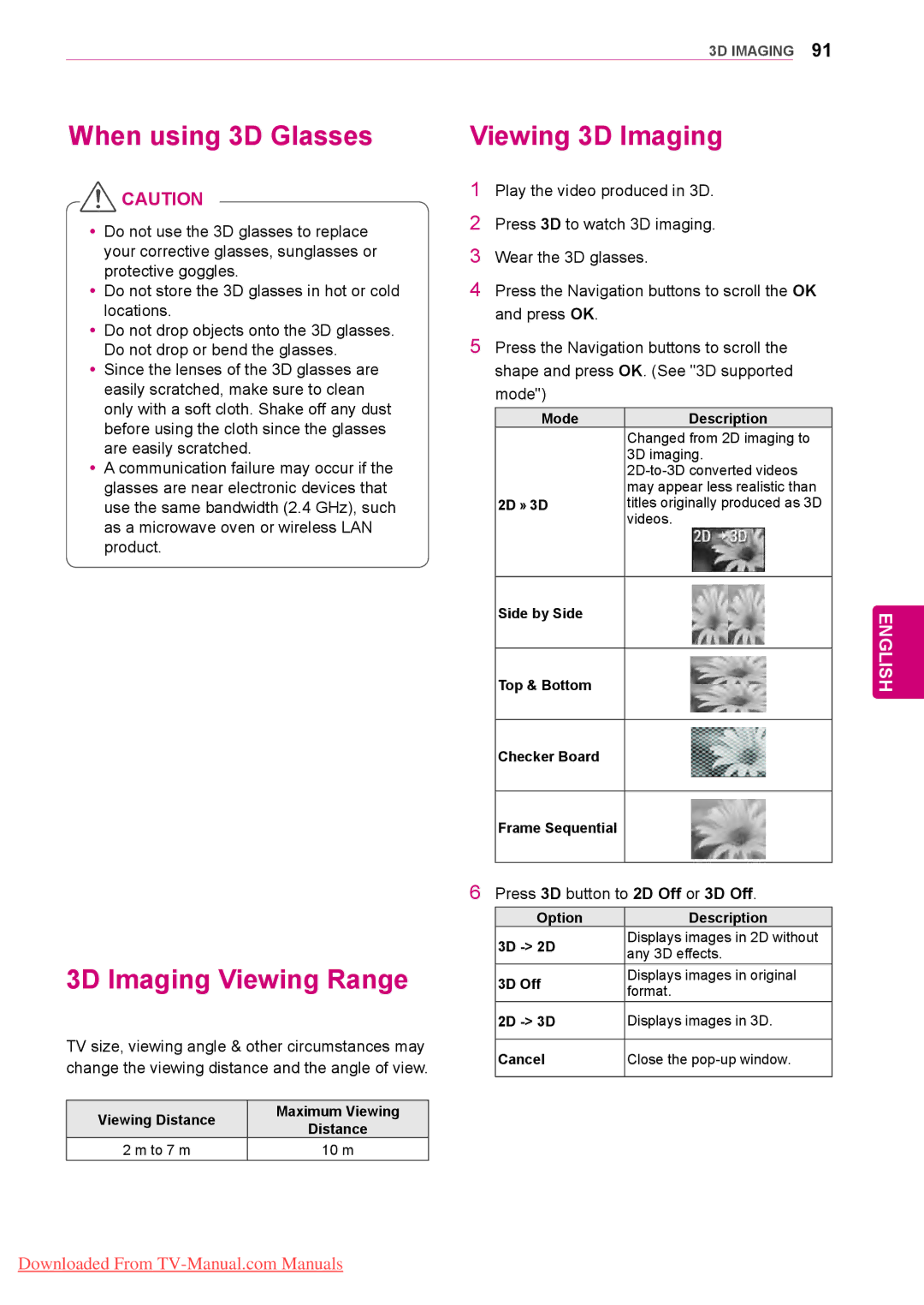 LG Electronics 50/60PZ75, 50/60PZ57, 50/60PZ95 When using 3D Glasses, Viewing 3D Imaging, 3D Imaging Viewing Range 