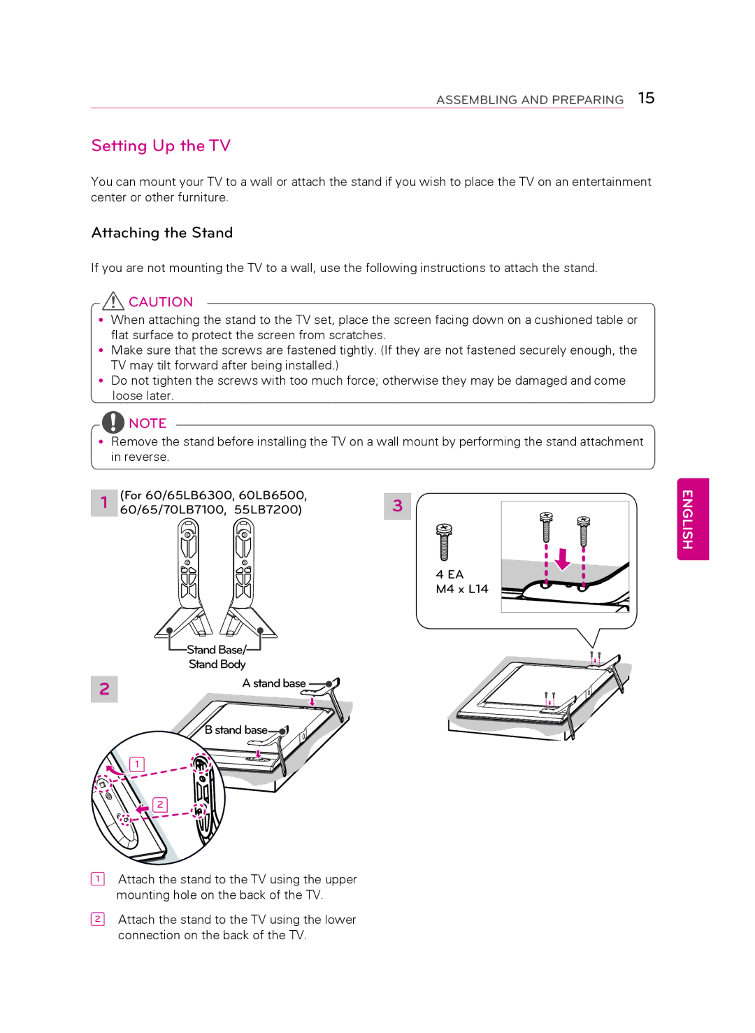 LG Electronics 50LB6300 owner manual Setting Up the TV, Attaching the Stand 