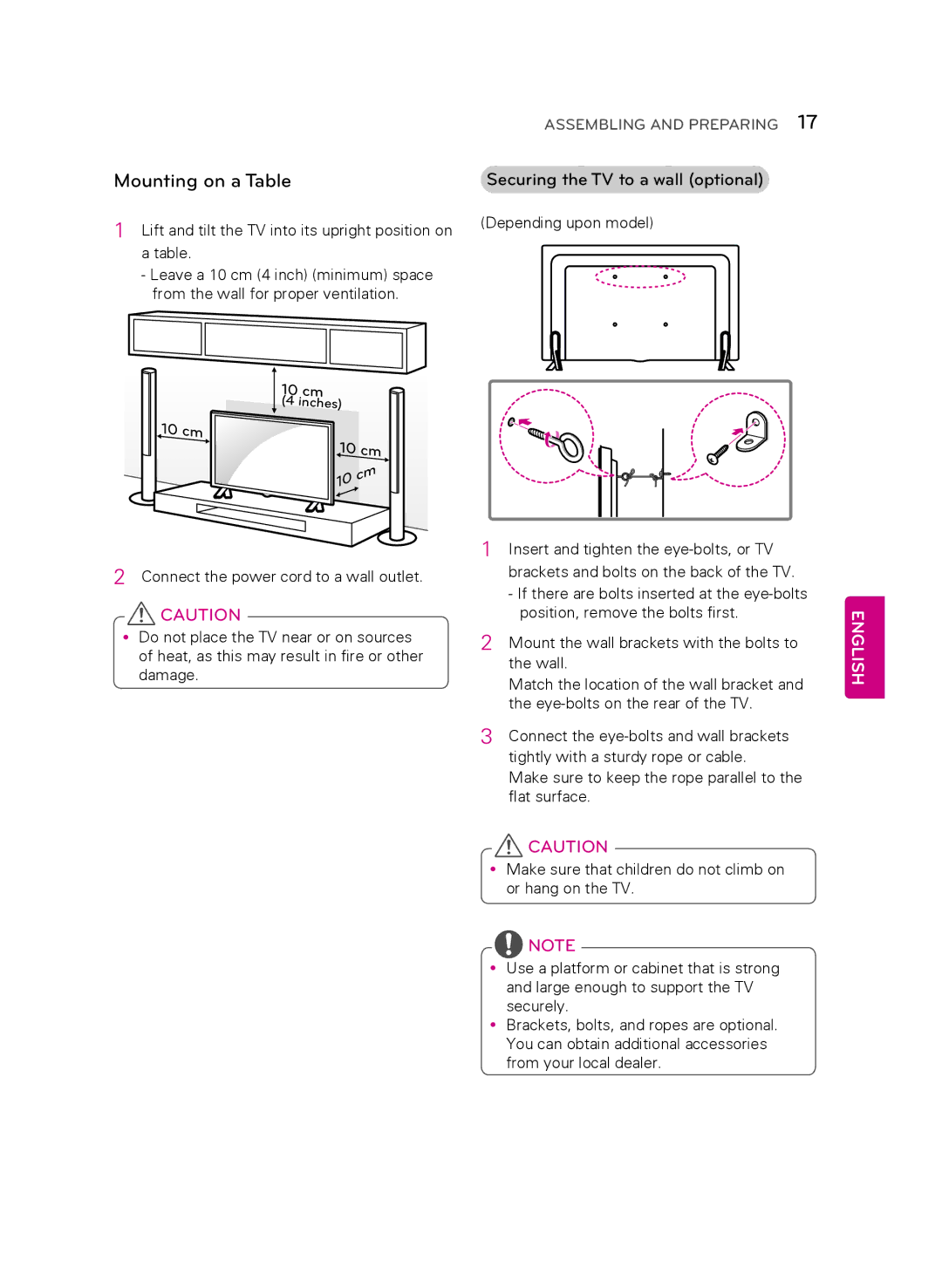 LG Electronics 50LB6300 owner manual Mounting on a Table, Securing the TV to a wall optional 