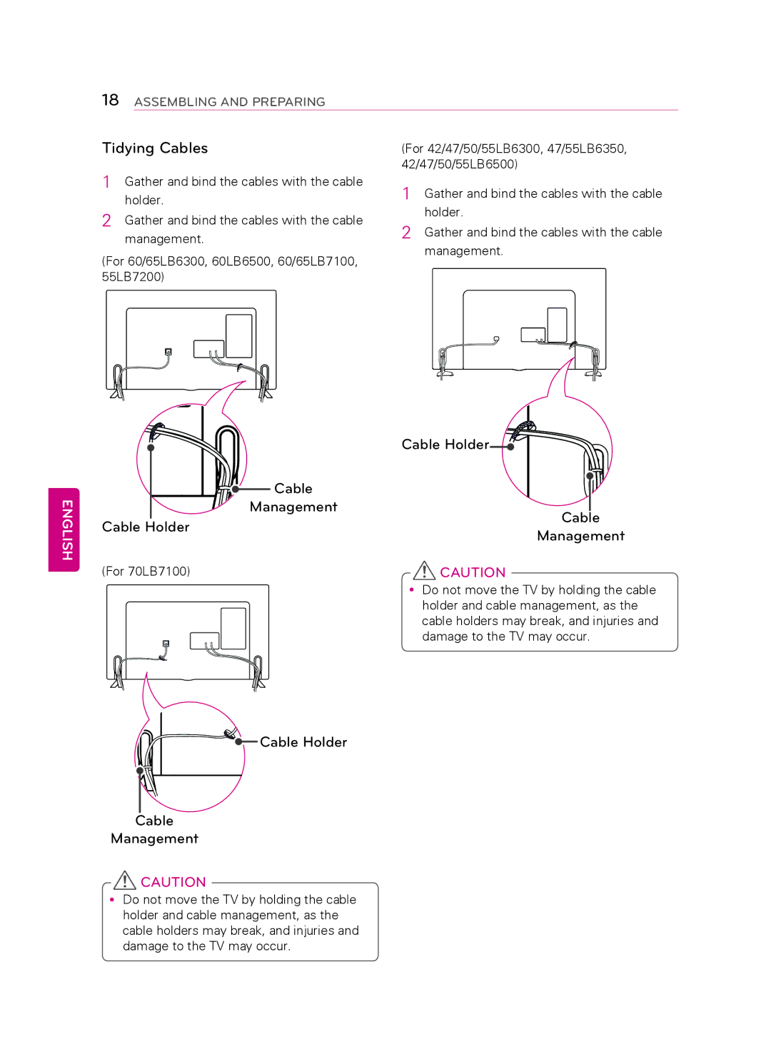 LG Electronics 50LB6300 owner manual Tidying Cables, Cable Management Cable Holder, Cable Holder Management 