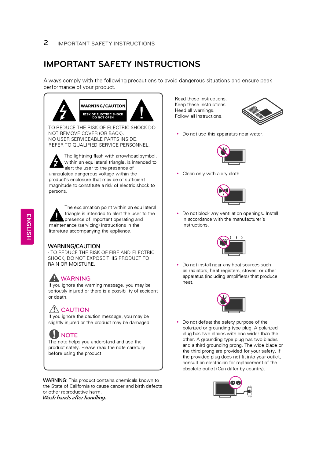 LG Electronics 50LB6300 owner manual Important Safety Instructions, English 