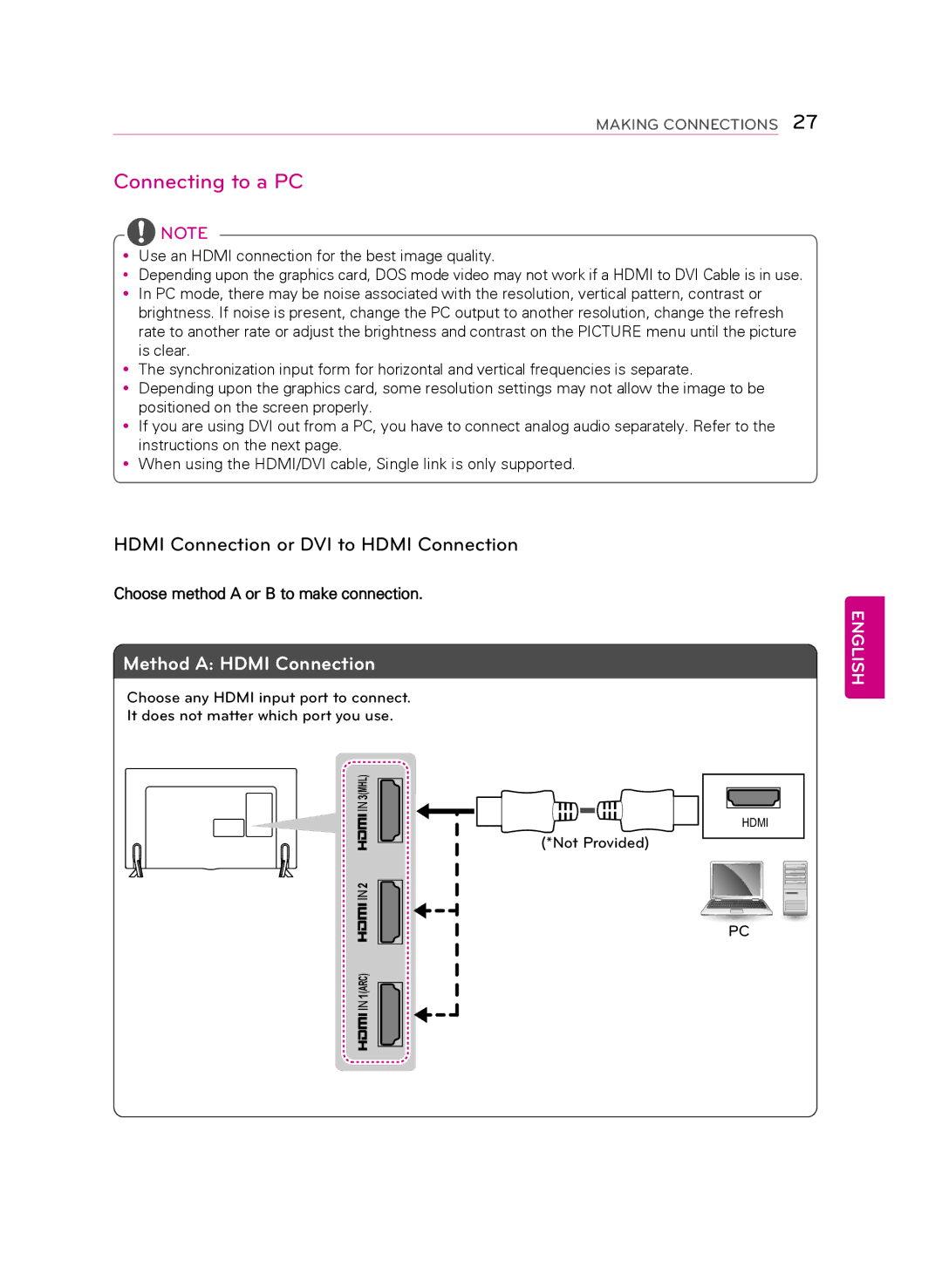 LG Electronics 50LB6300 owner manual Connecting to a PC, Hdmi Connection or DVI to Hdmi Connection 