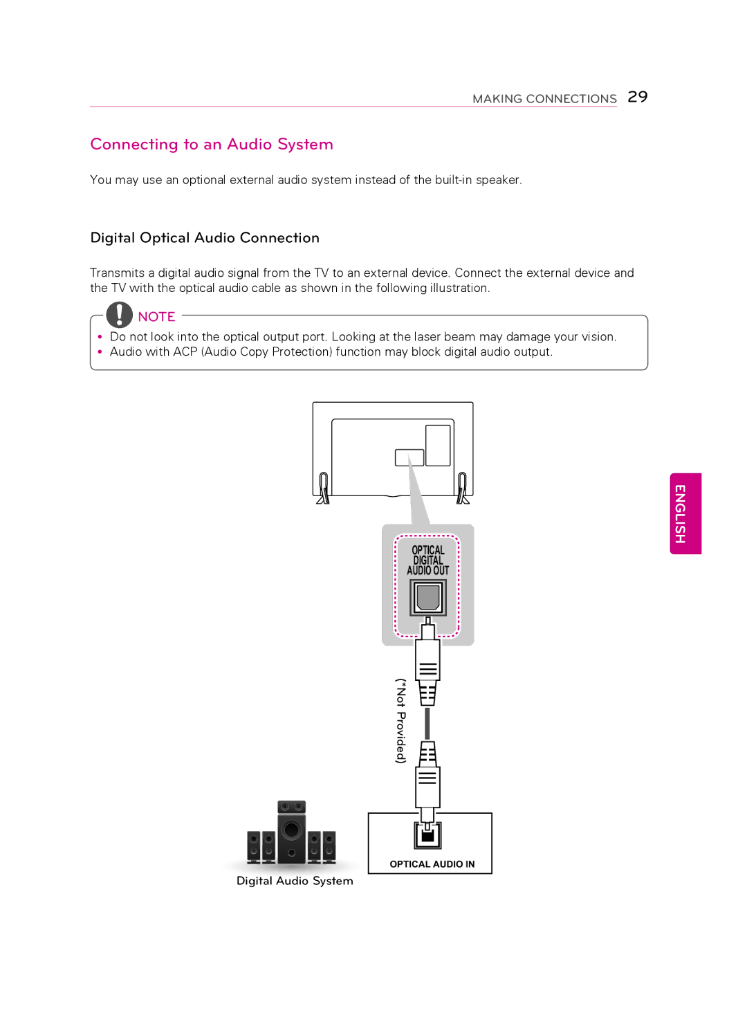 LG Electronics 50LB6300 owner manual Connecting to an Audio System, Digital Optical Audio Connection 