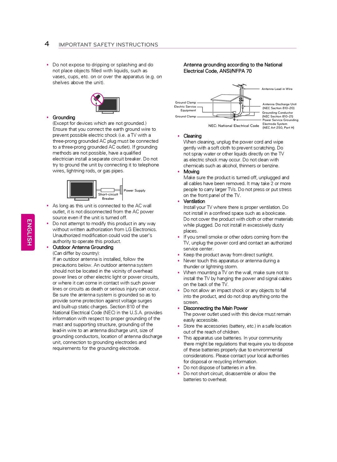 LG Electronics 50LB6300 YyOutdoor Antenna Grounding, YyCleaning, YyMoving, YyVentilation, YyDisconnecting the Main Power 