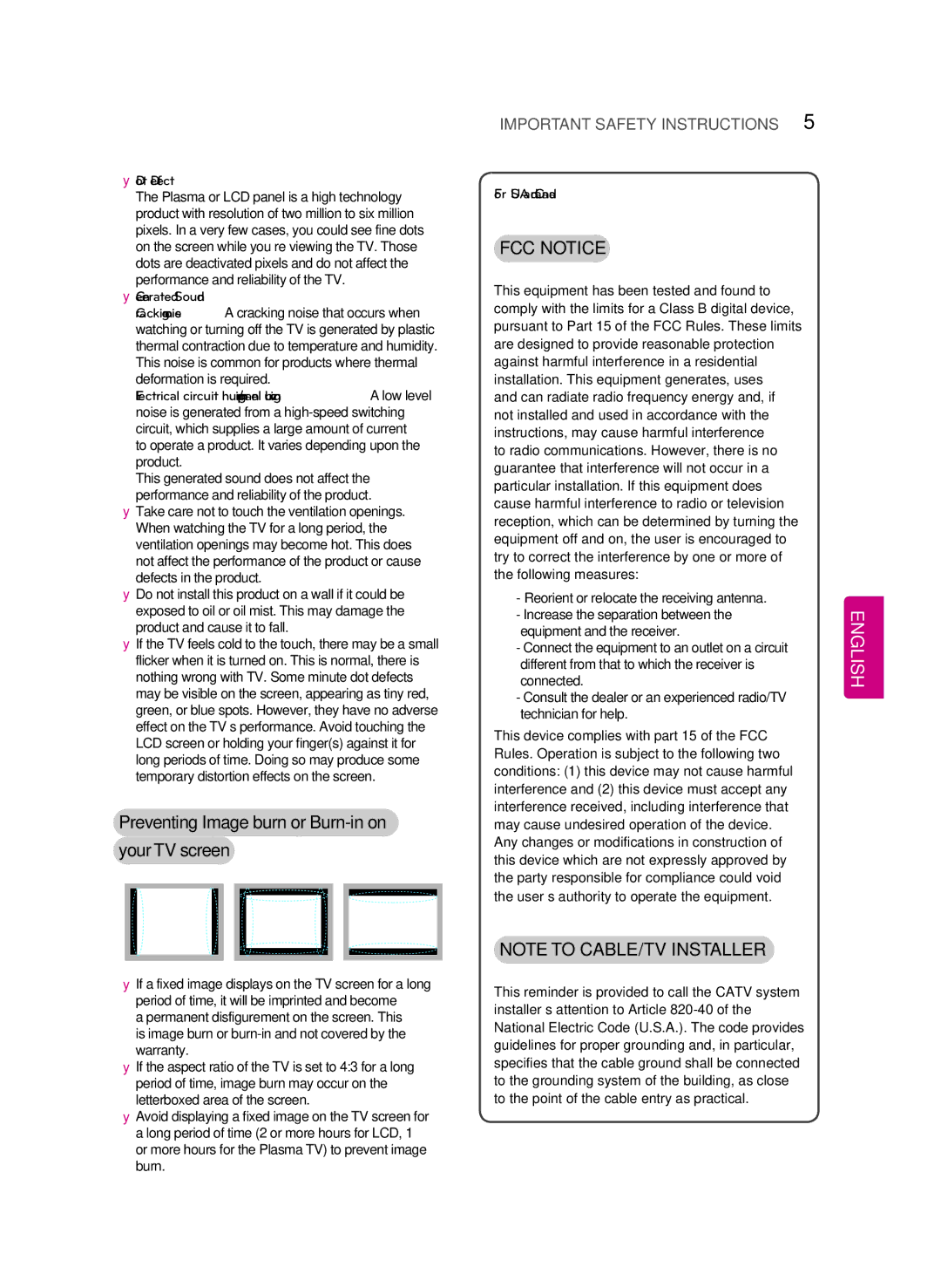 LG Electronics 50LB6300 owner manual Preventing Image burn or Burn-in on your TV screen, YyDot Defect, YyGenerated Sound 