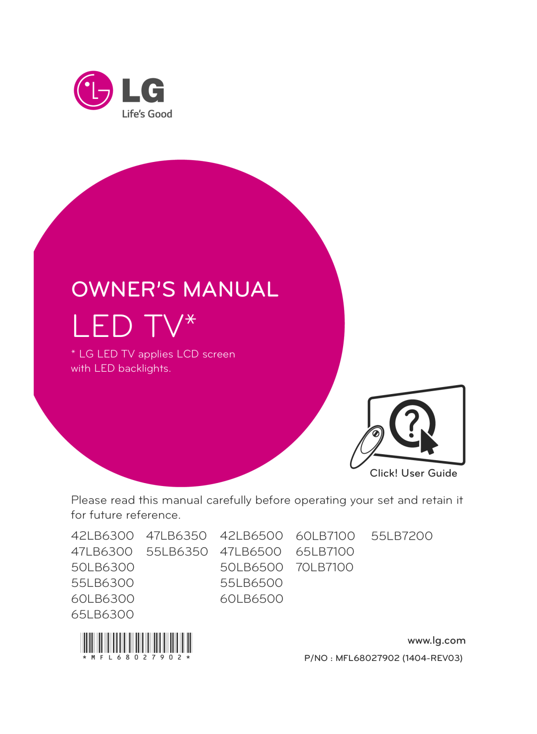 LG Electronics 50LB6300 owner manual Led Tv, MFL68027902, Owner’S Manual 