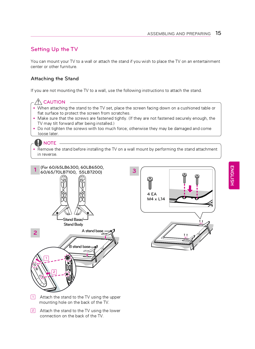 LG Electronics 50LB6300 owner manual Setting Up the TV, English, Attaching the Stand, Assembling And Preparing 