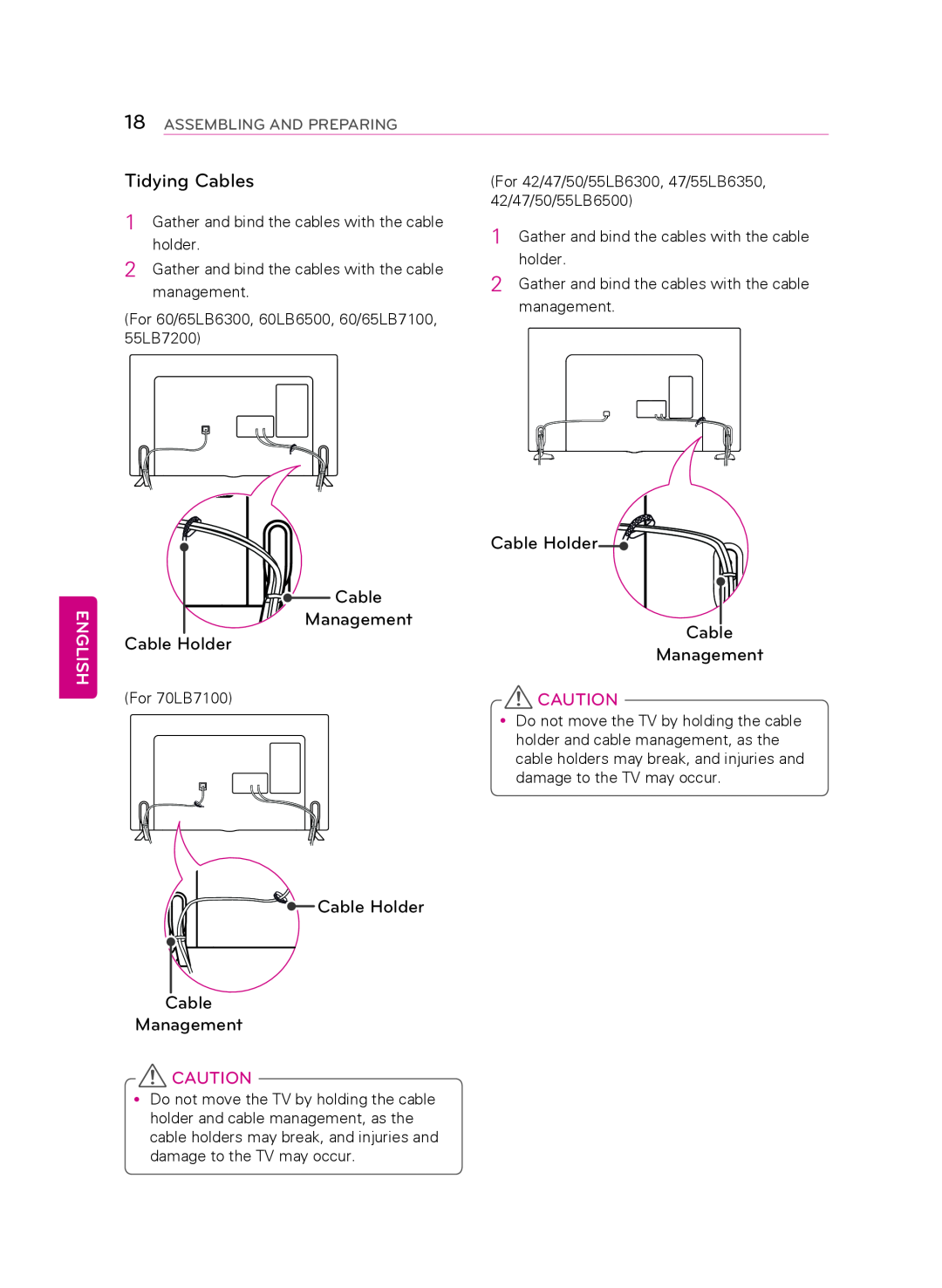 LG Electronics 50LB6300 owner manual Tidying Cables, English, Cable Management Cable Holder, Cable Holder Cable Management 