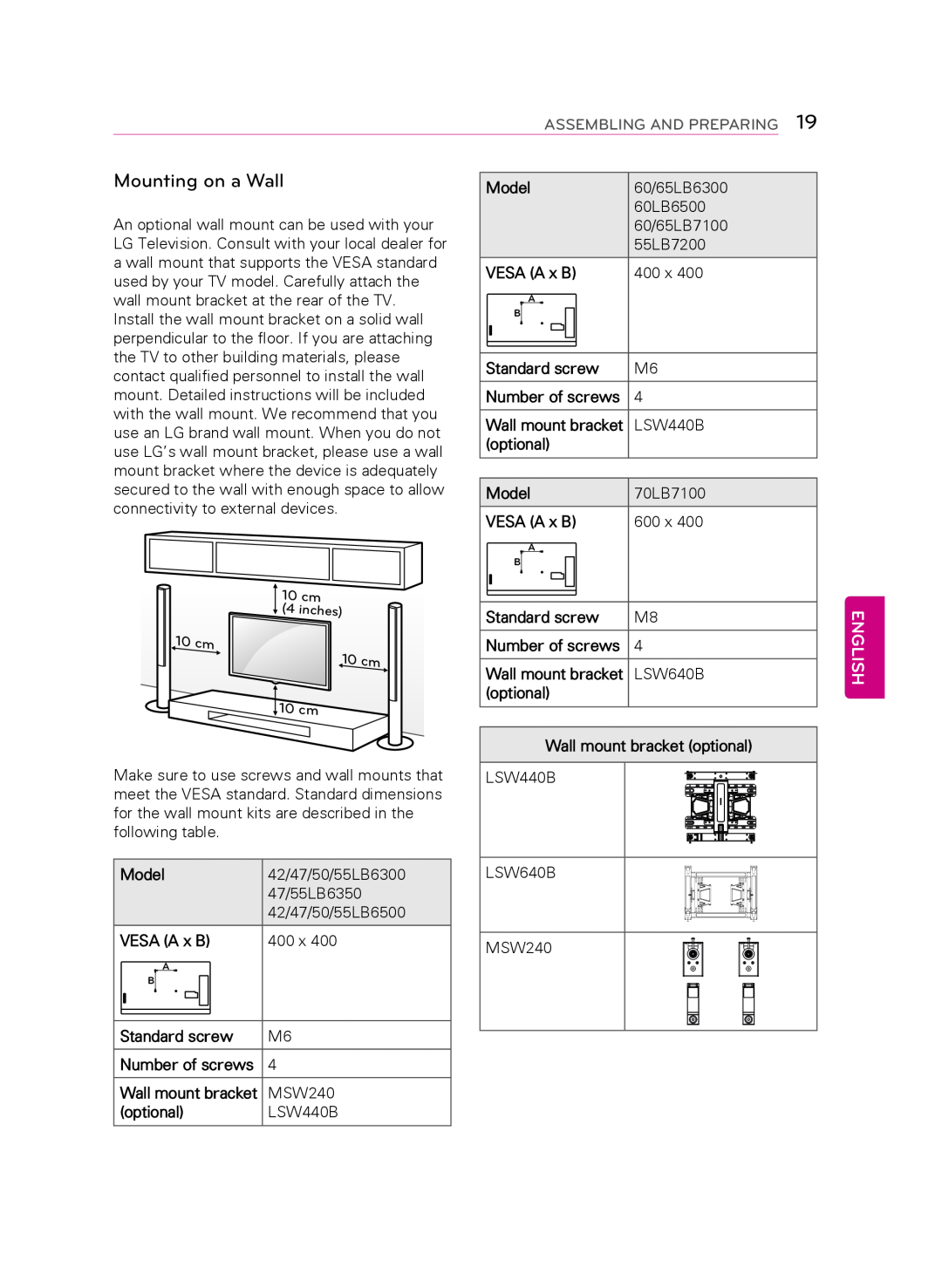 LG Electronics 50LB6300 owner manual English, Mounting on a Wall, Assembling And Preparing 