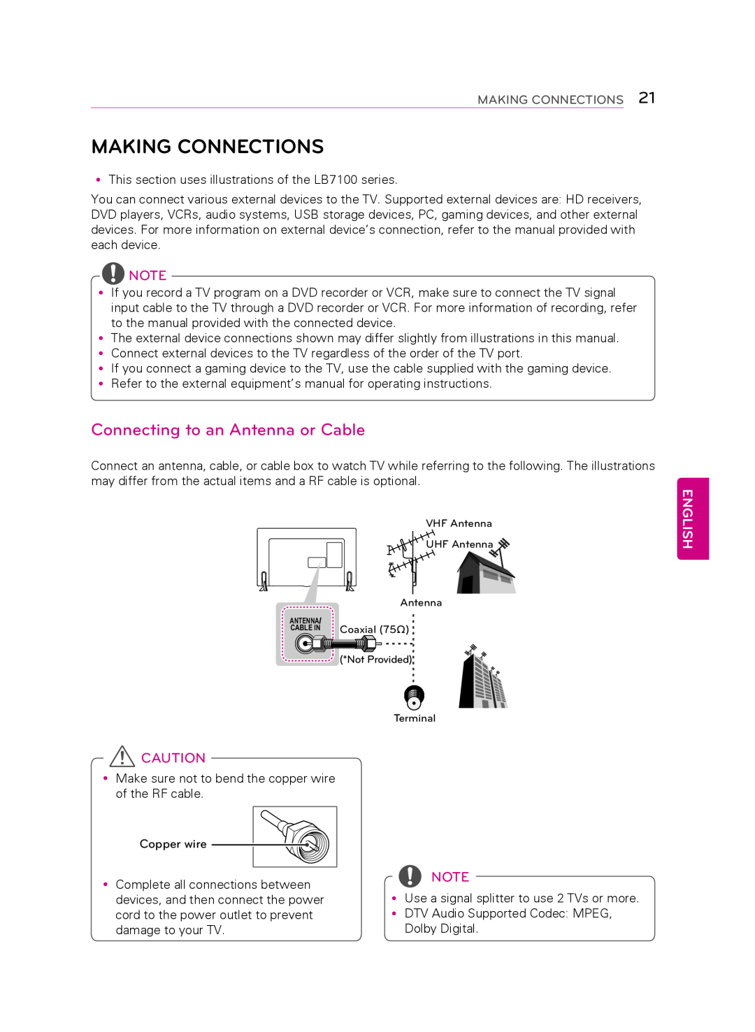LG Electronics 50LB6300 owner manual Making Connections, Connecting to an Antenna or Cable, English 