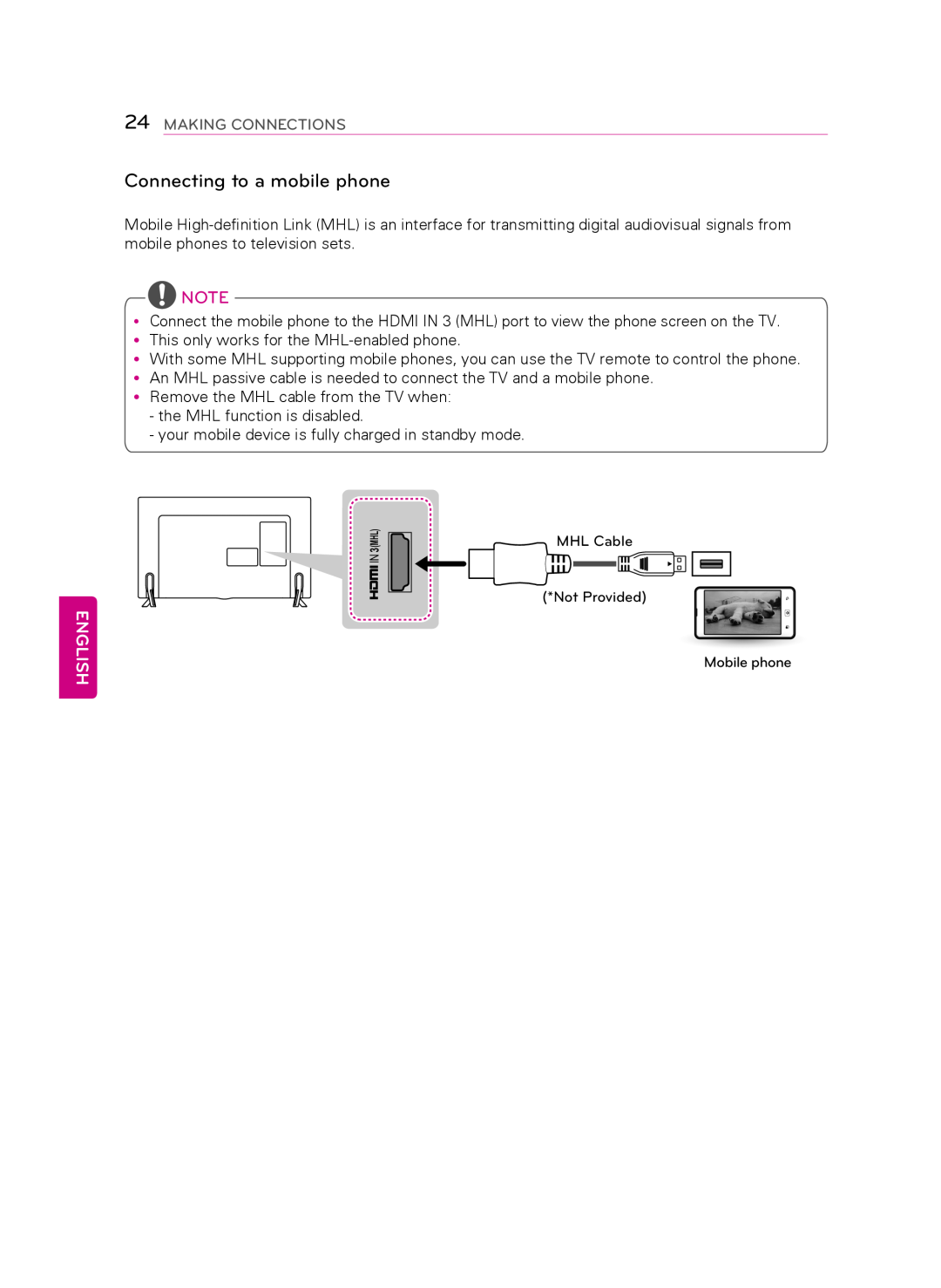 LG Electronics 50LB6300 owner manual Connecting to a mobile phone, English, Making Connections 